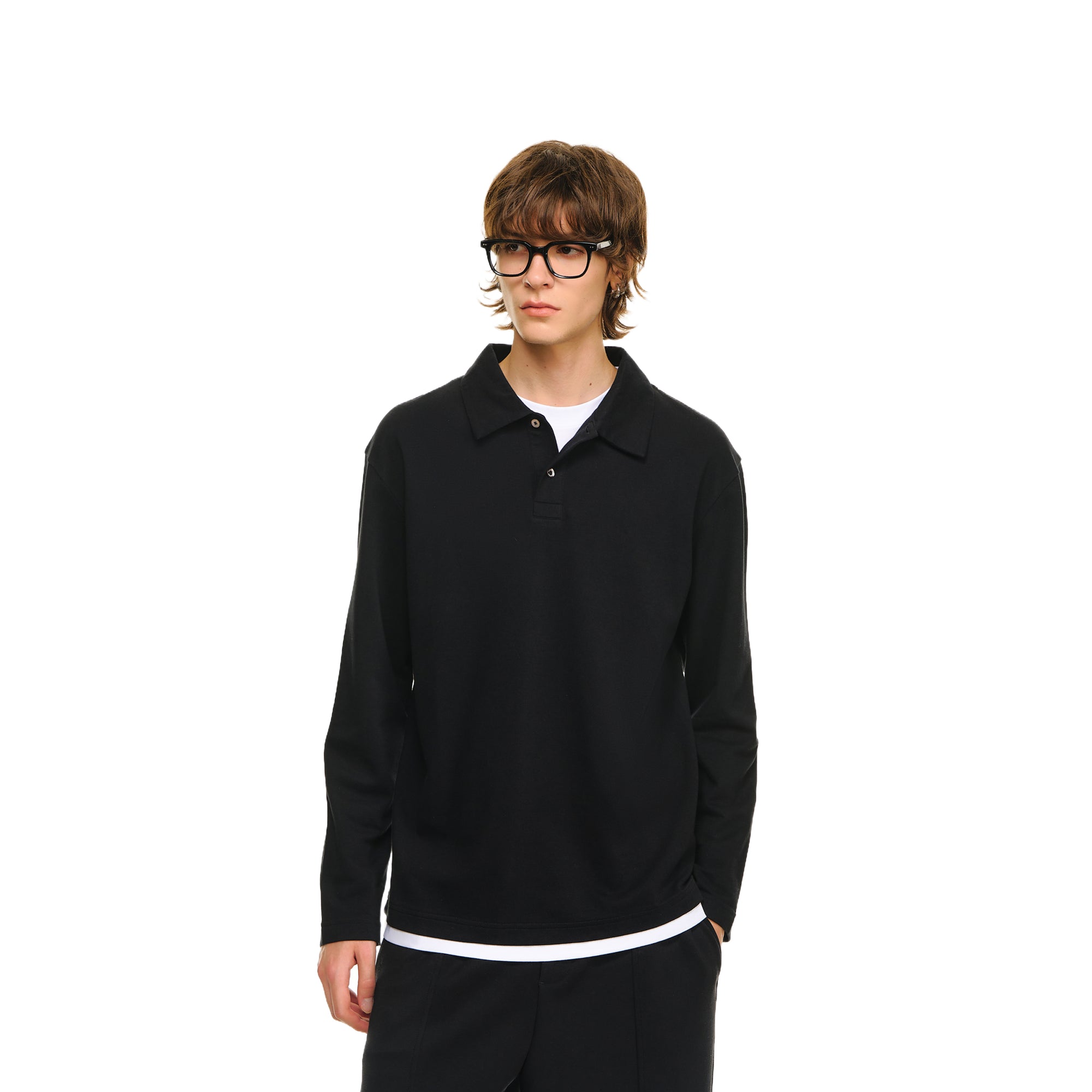 Black Contrast Color Fake Two-piece Fitted Polo Shirt Long Sleeves