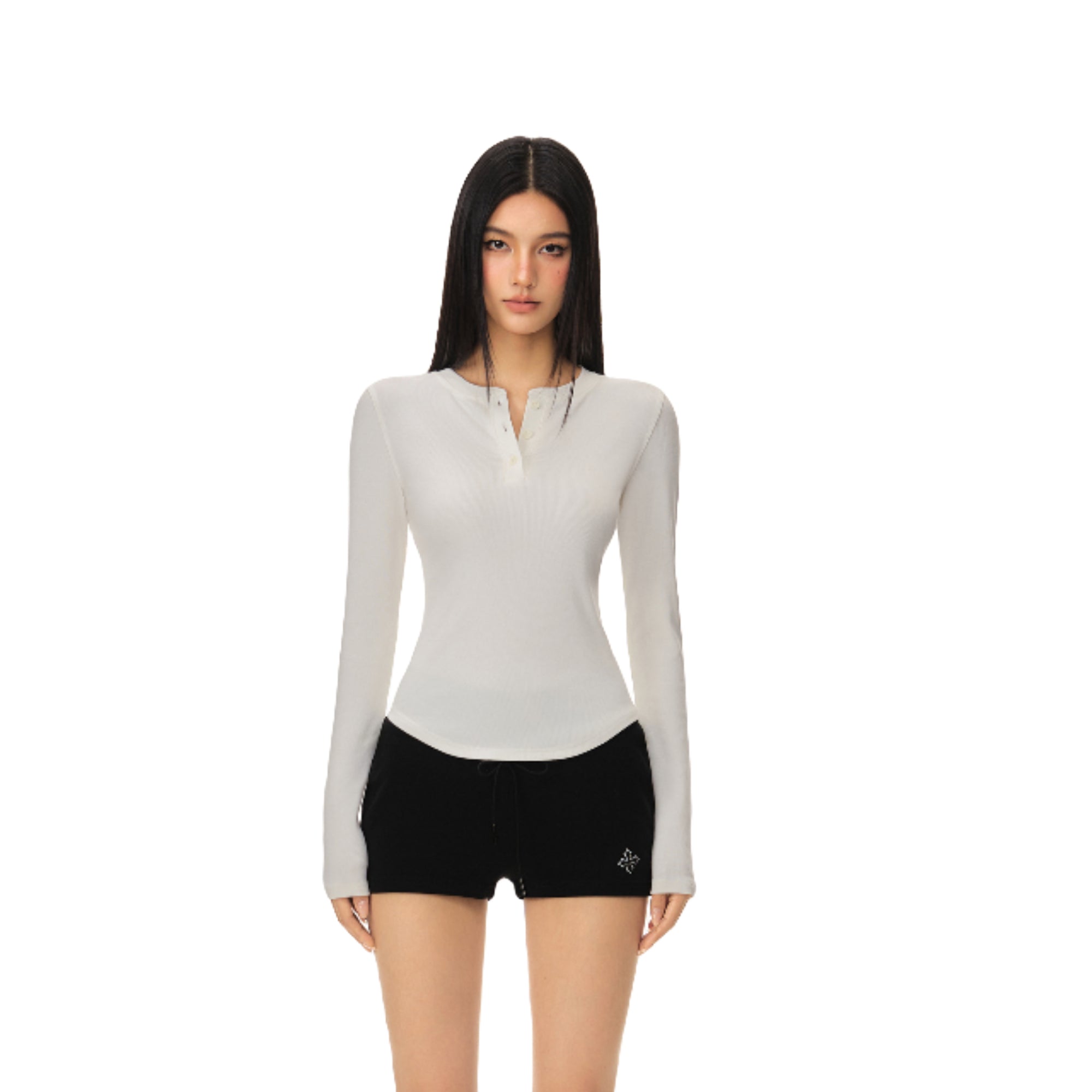 White Stretch Slim Cut Henley Collar Long Sleeves