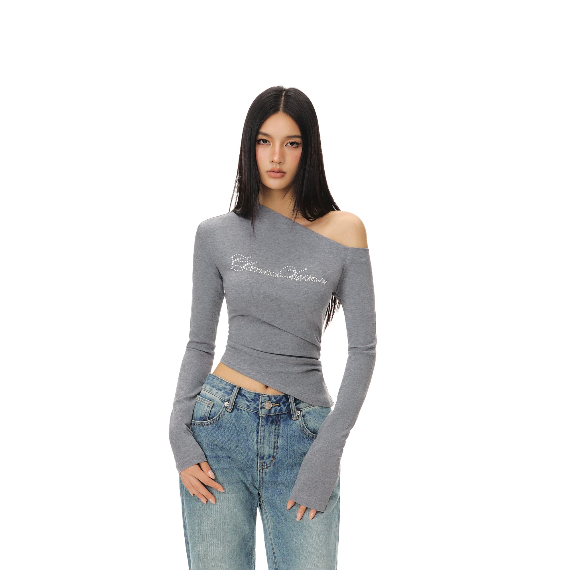 Gray Off-shoulder Irregular Pearl Slim Long Sleeves