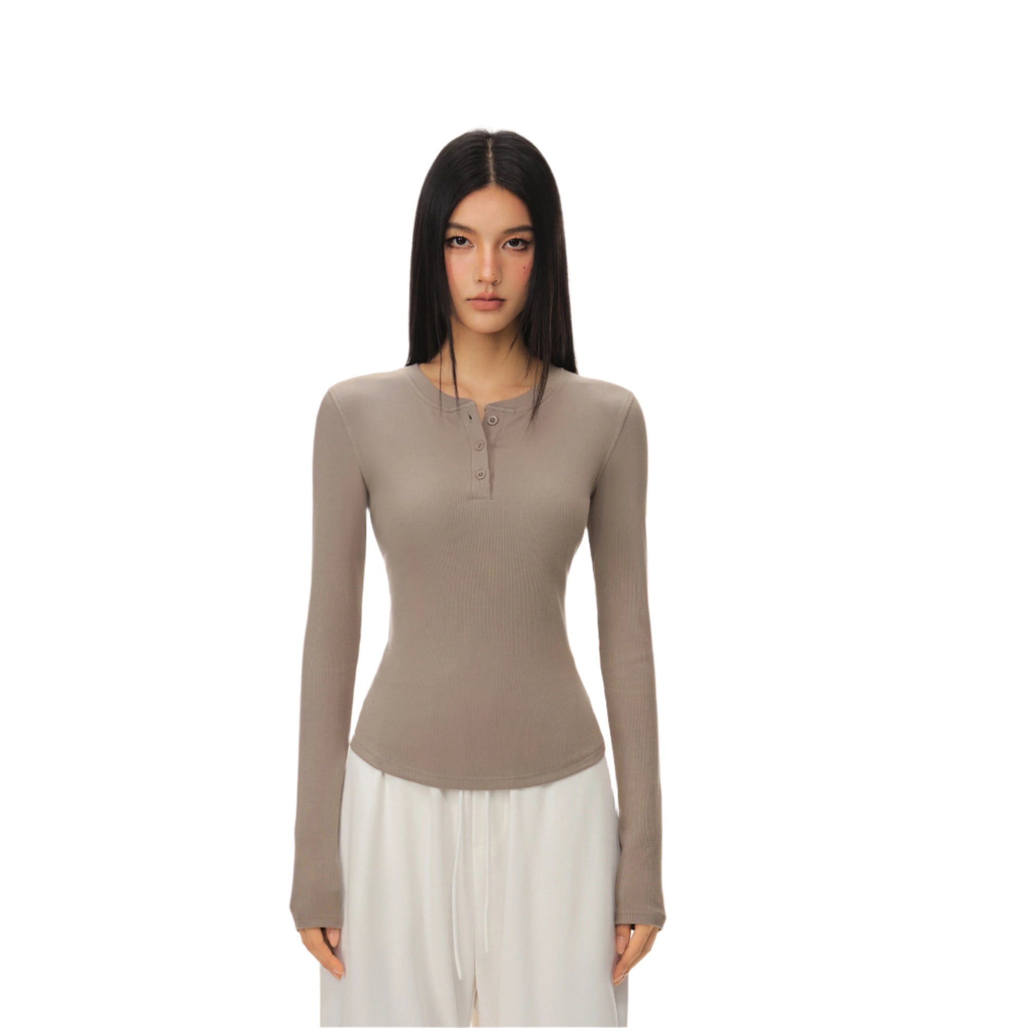 Khaki Stretch Slim Cut Henley Collar Long Sleeves