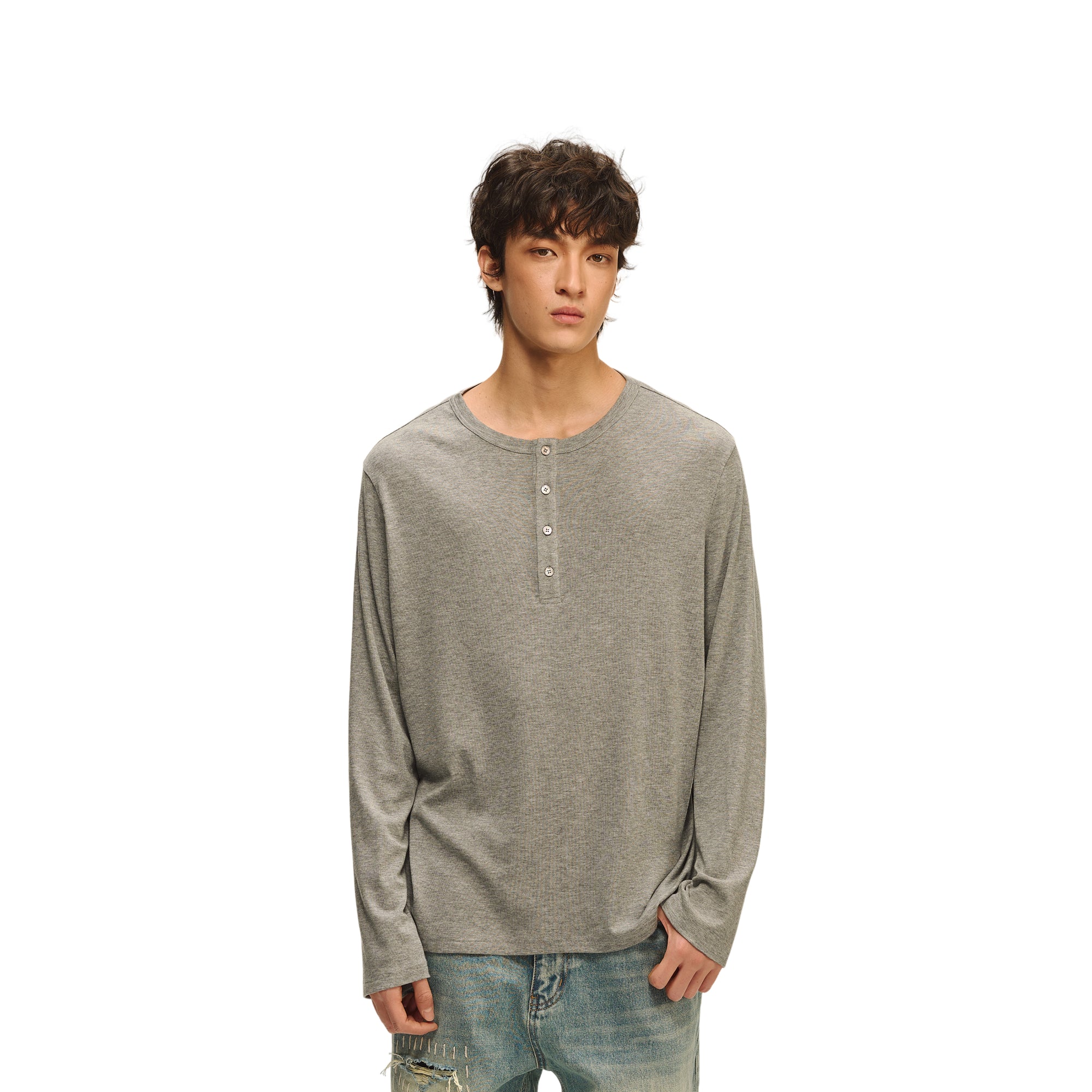 Grey Cropped Henley Button Collar Wool Long Sleeves