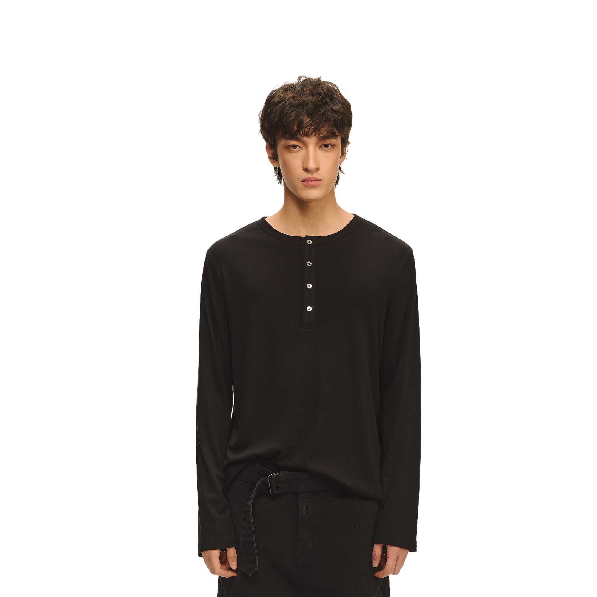 Black Cropped Henley Button Collar Wool Long Sleeves