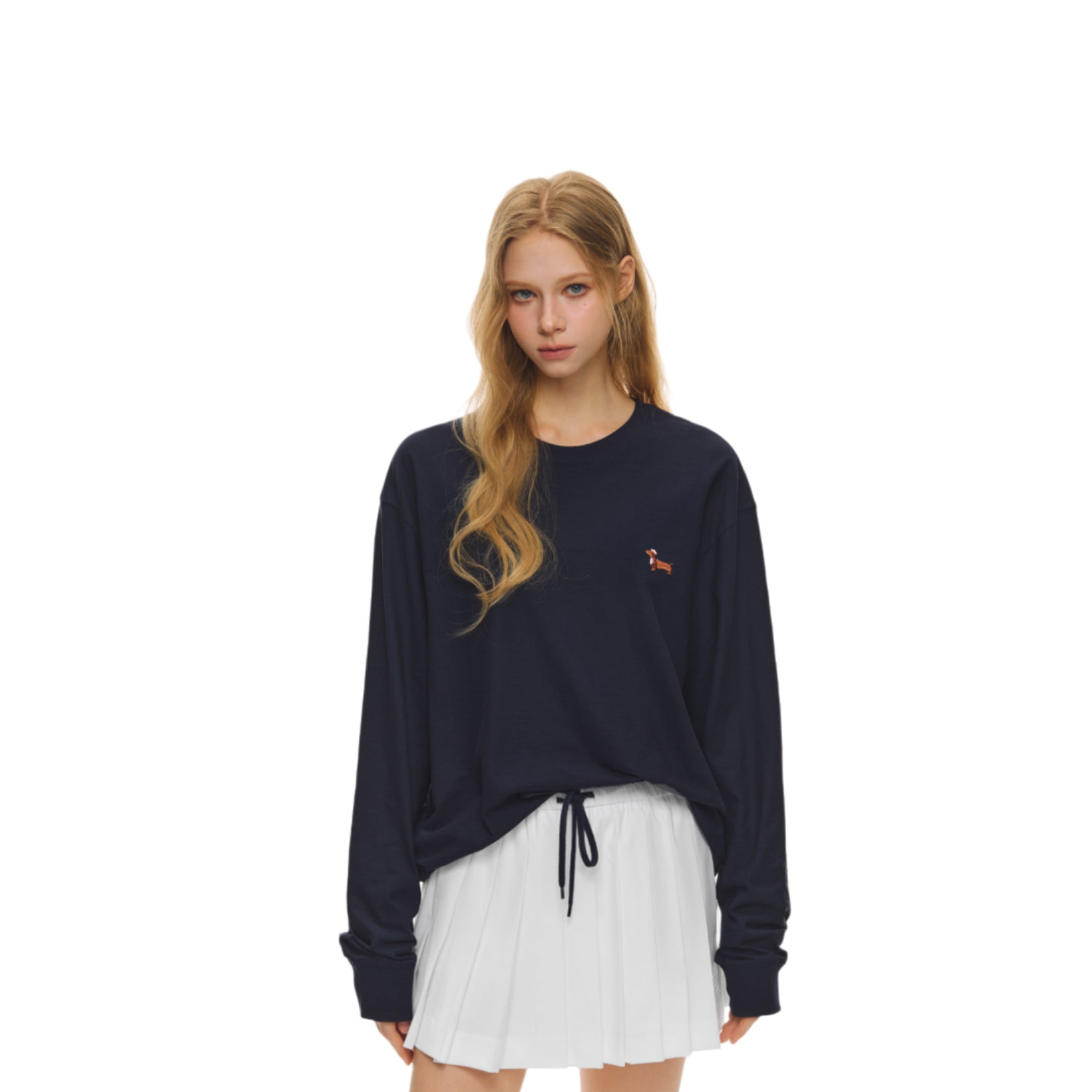 Navy Blue Strong Twist Cotton Puppy Embroidered Long Sleeves