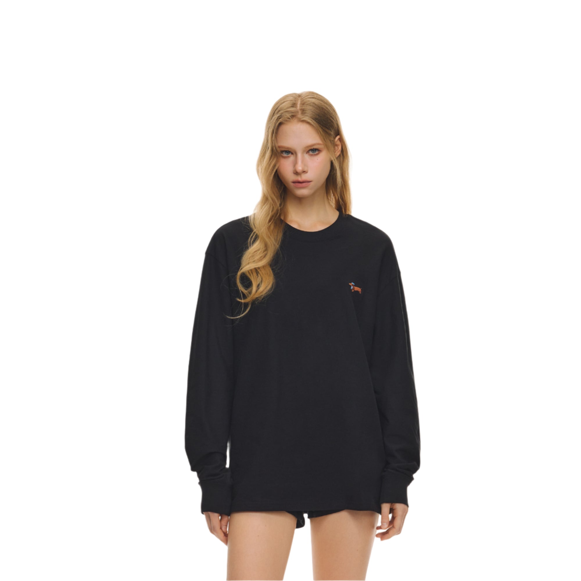 Black Strong Twist Cotton Puppy Embroidery Long Sleeves