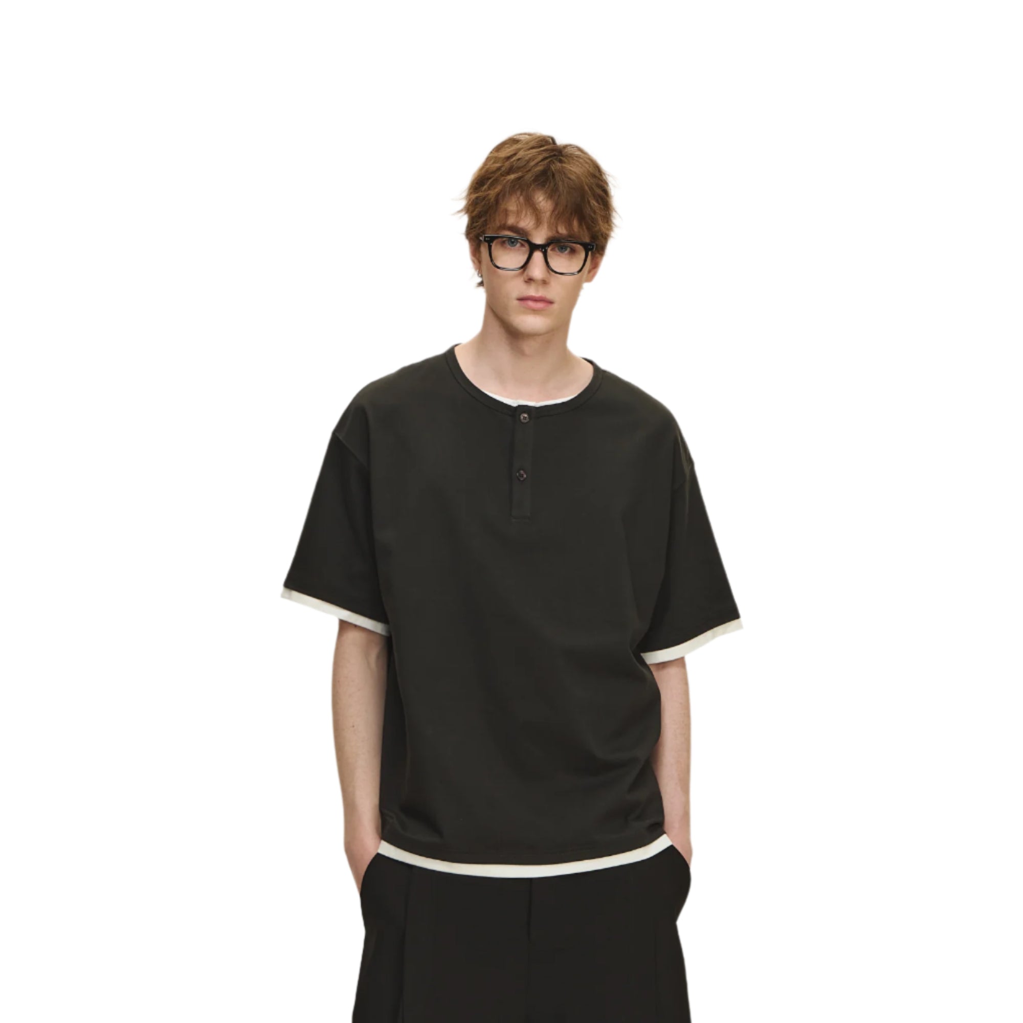 Dark Grey Fake Two Piece Henley Collar Short Sleeves