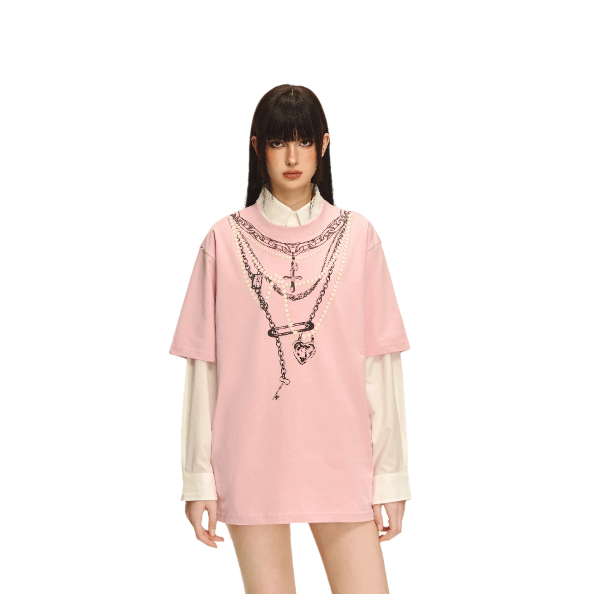 Pink 3D Pearl Print Chain Short Sleeve
