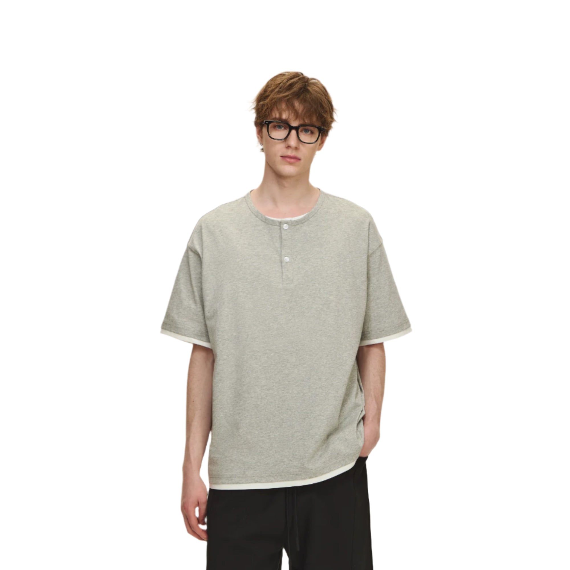 Light Grey Fake Two Piece Henley Collar Short Sleeves