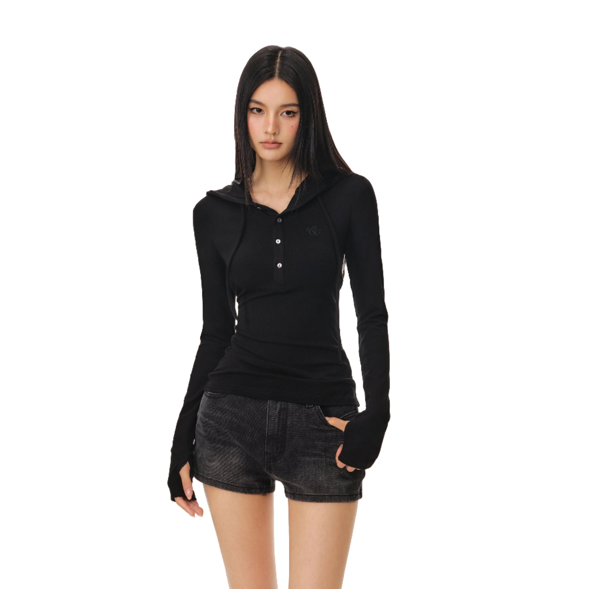Black Hooded Henley Collar Stretch Knitted Slim Fit Long Sleeves