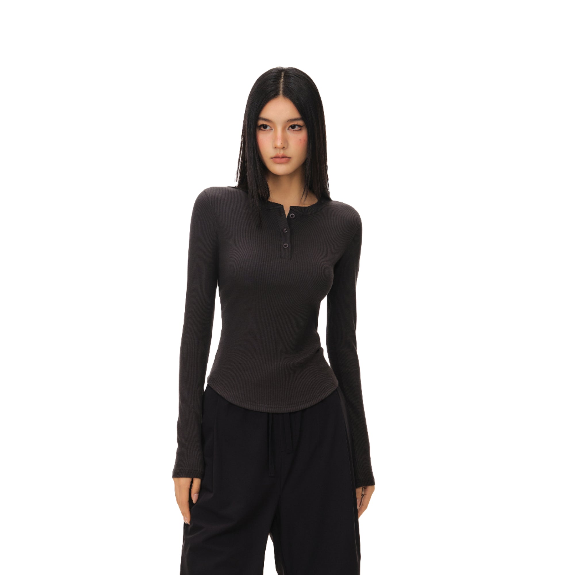 Gray Stretch Slim Cut Henley Collar Long Sleeves