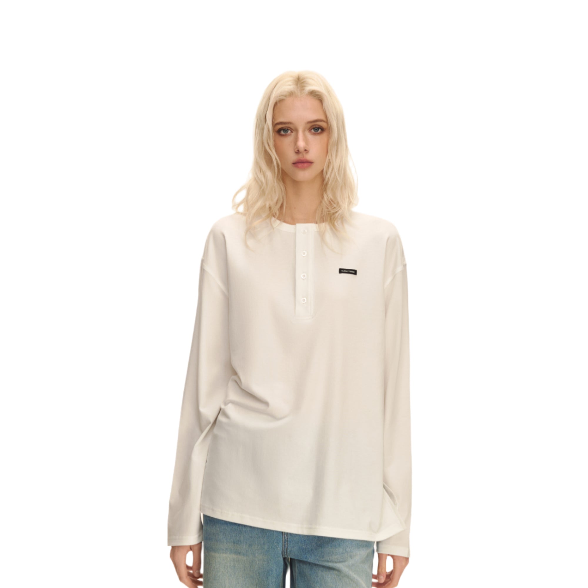 White Lyocell Soft Stretch Henley Collar Long Sleeves