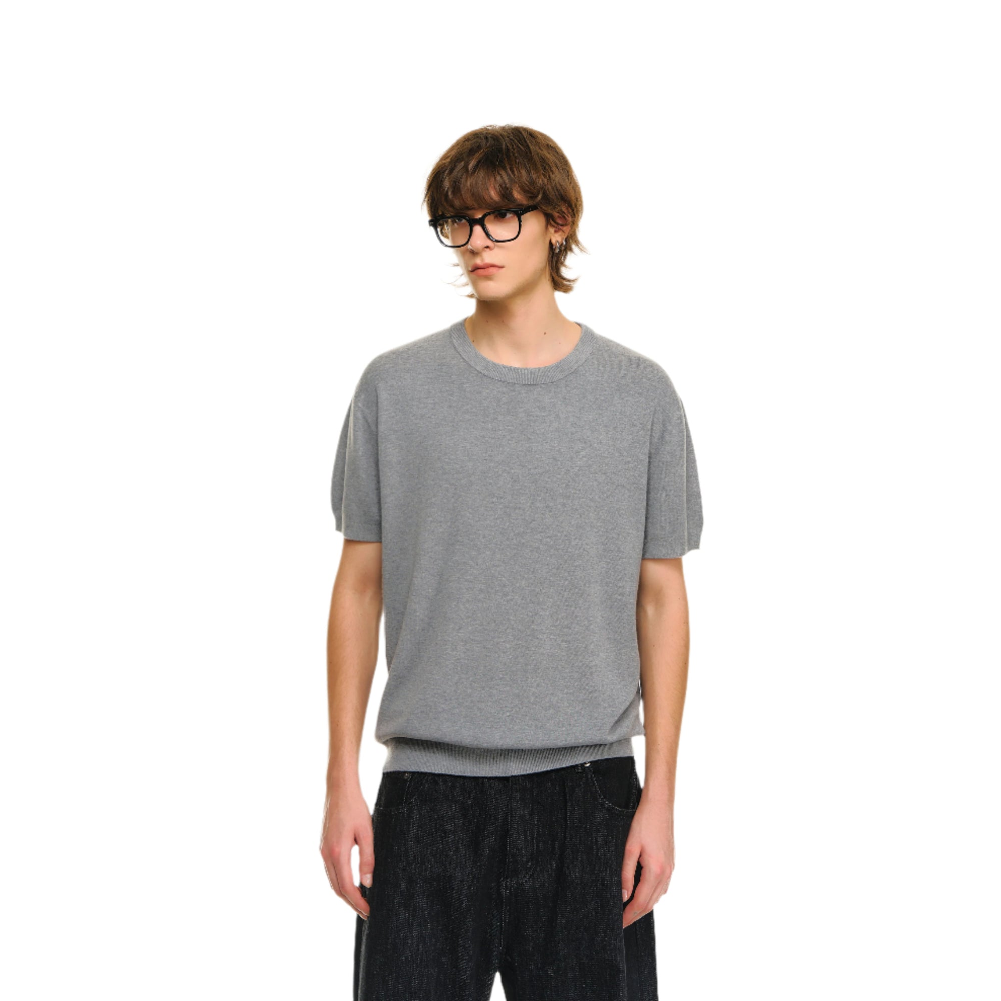Grey 80s Worsted Wool Blend Knitted Short Sleeves