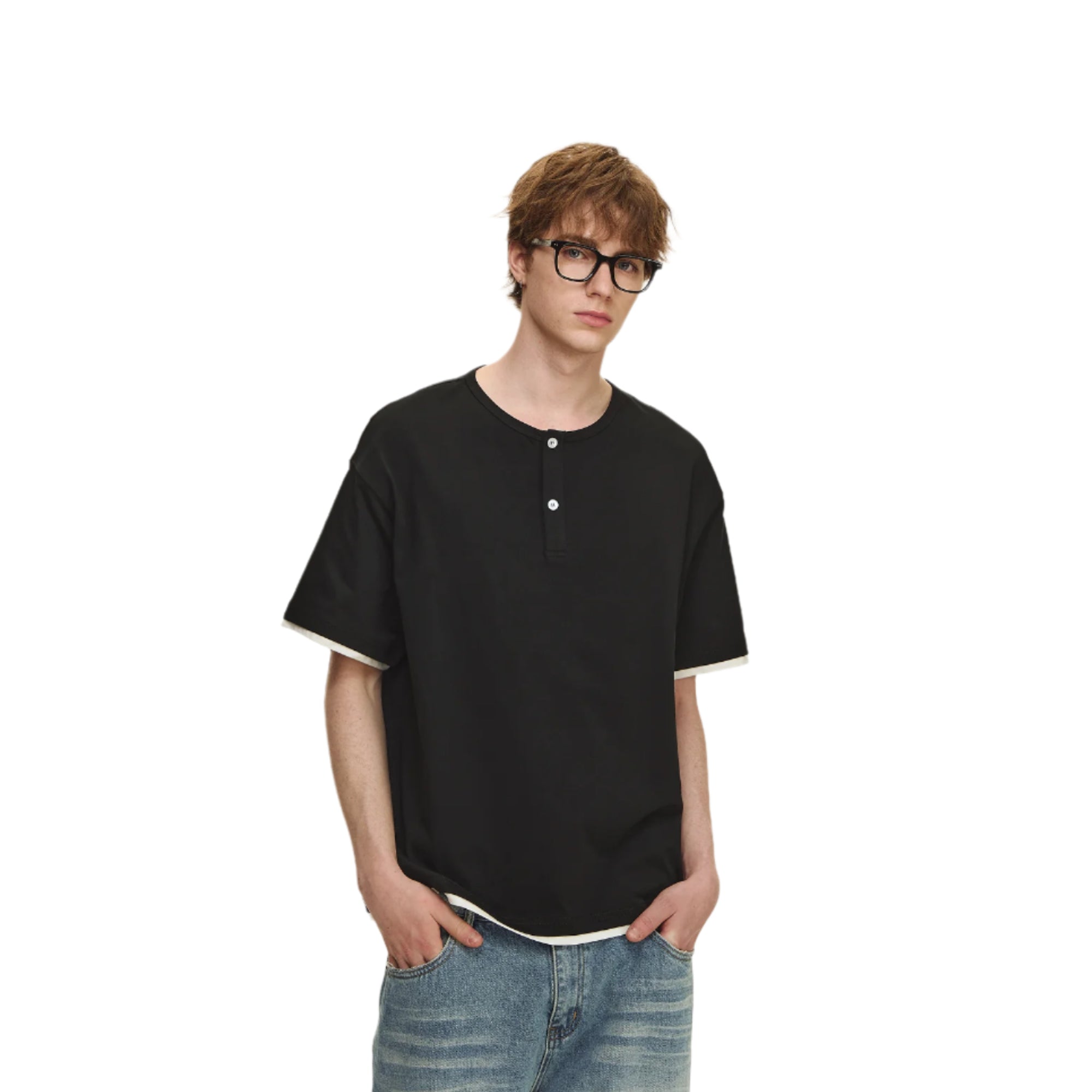 Black Fake Two Piece Henley Collar Short Sleeve