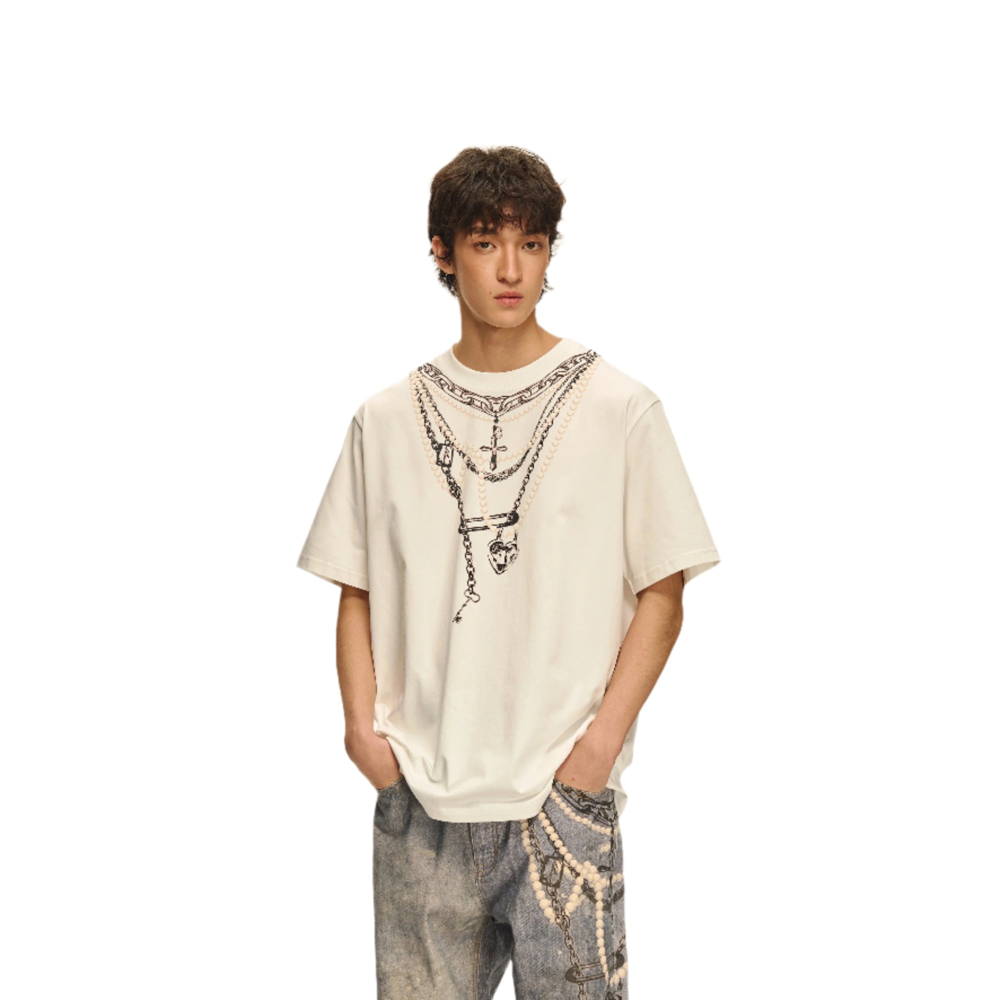 White 3D Pearl Print Chain Short Sleeve