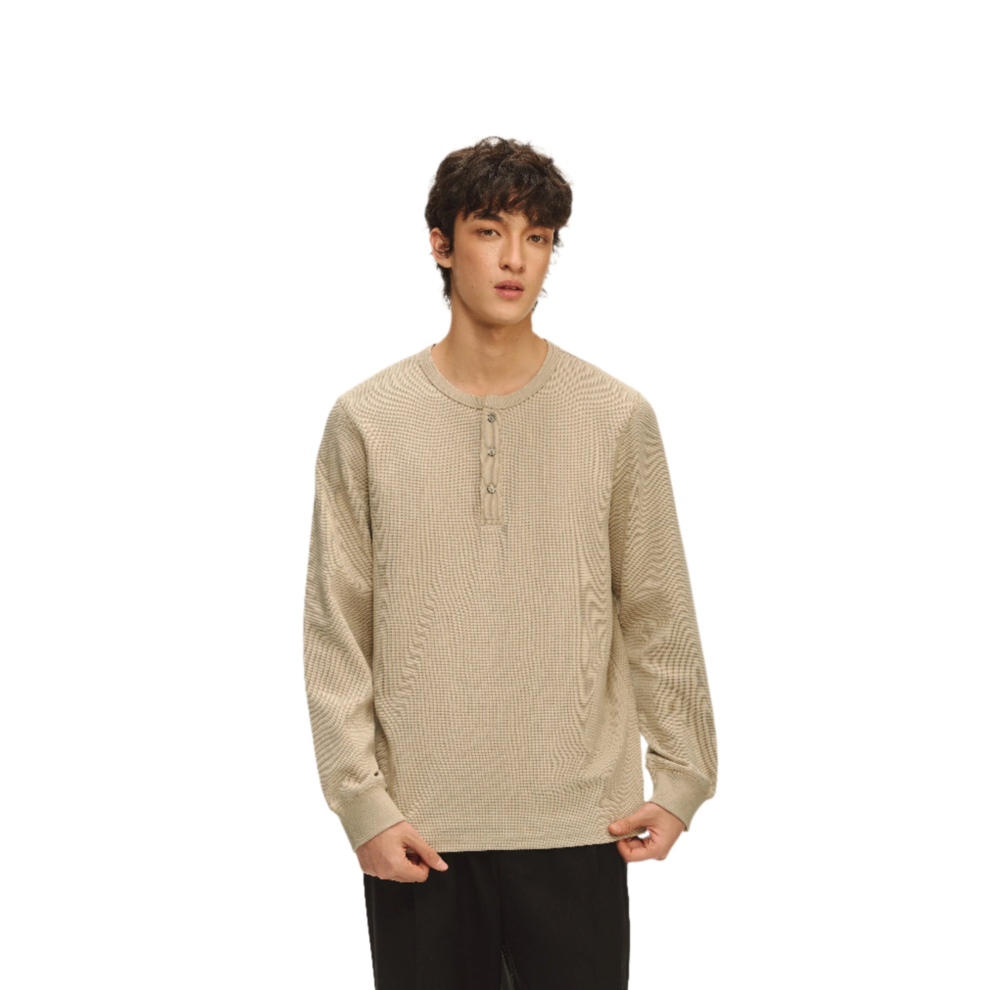 Khaki Henley Neck Textured Long Sleeve T-Shirt