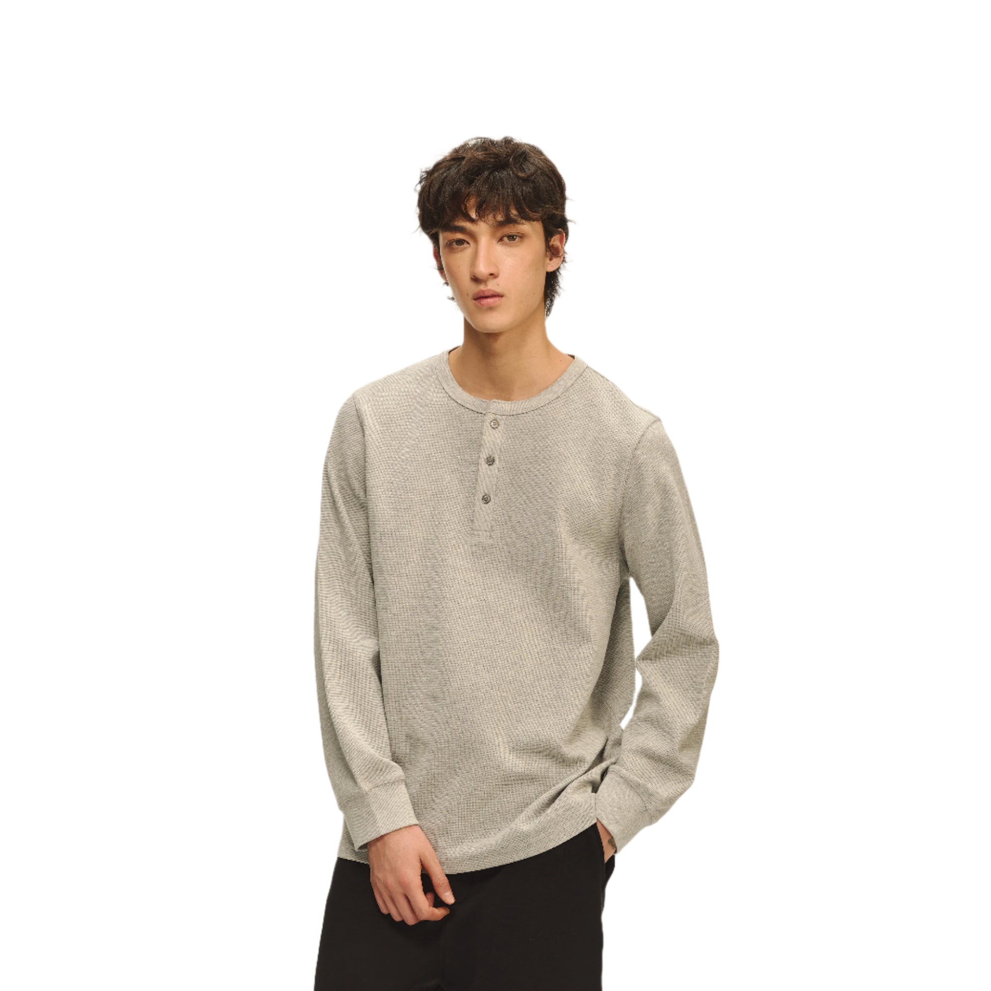 Grey Henley Neck Textured Long Sleeve T-Shirt