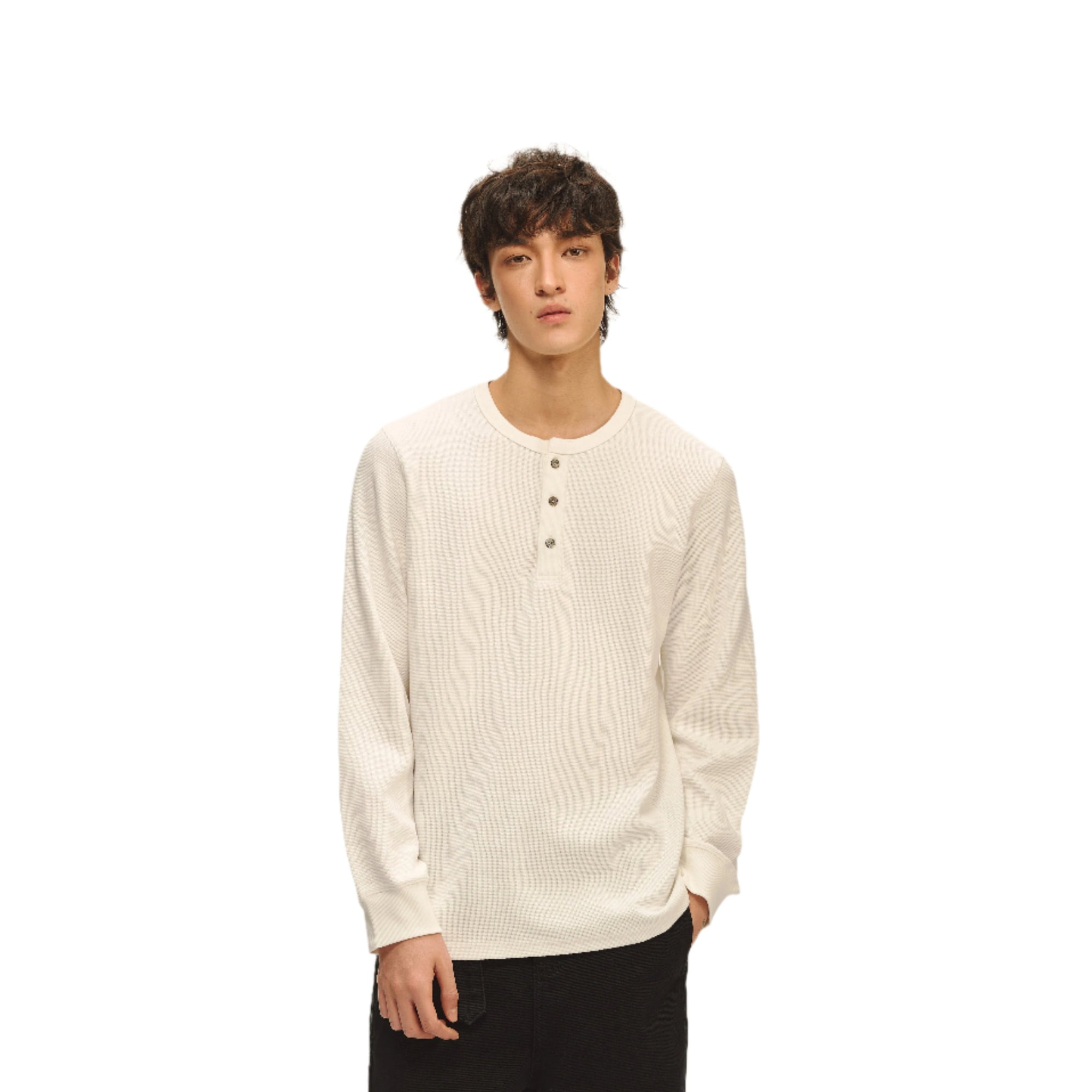 White Henley Collar Textured Long Sleeve T-Shirt