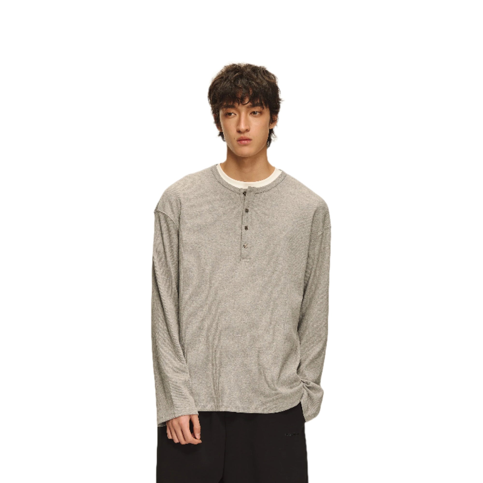 Light Grey Henley Collar Drape Basic Long Sleeve Tee