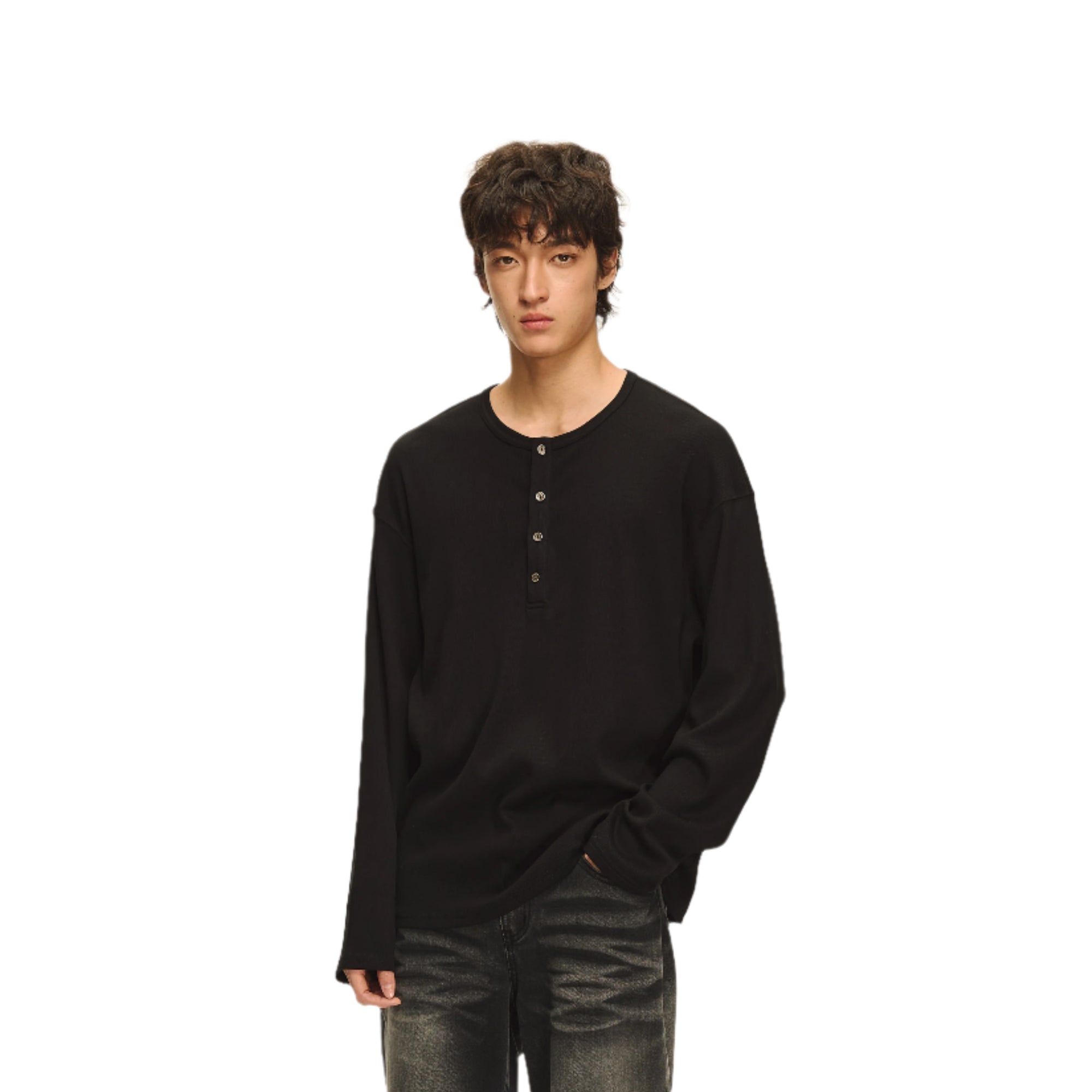 Black Henley Collar Drape Basic Long Sleeve Tee