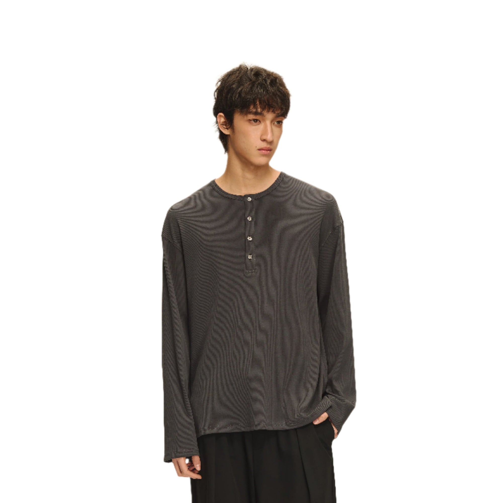 Dark Grey Henley Collar Drape Basic Long Sleeve Tee