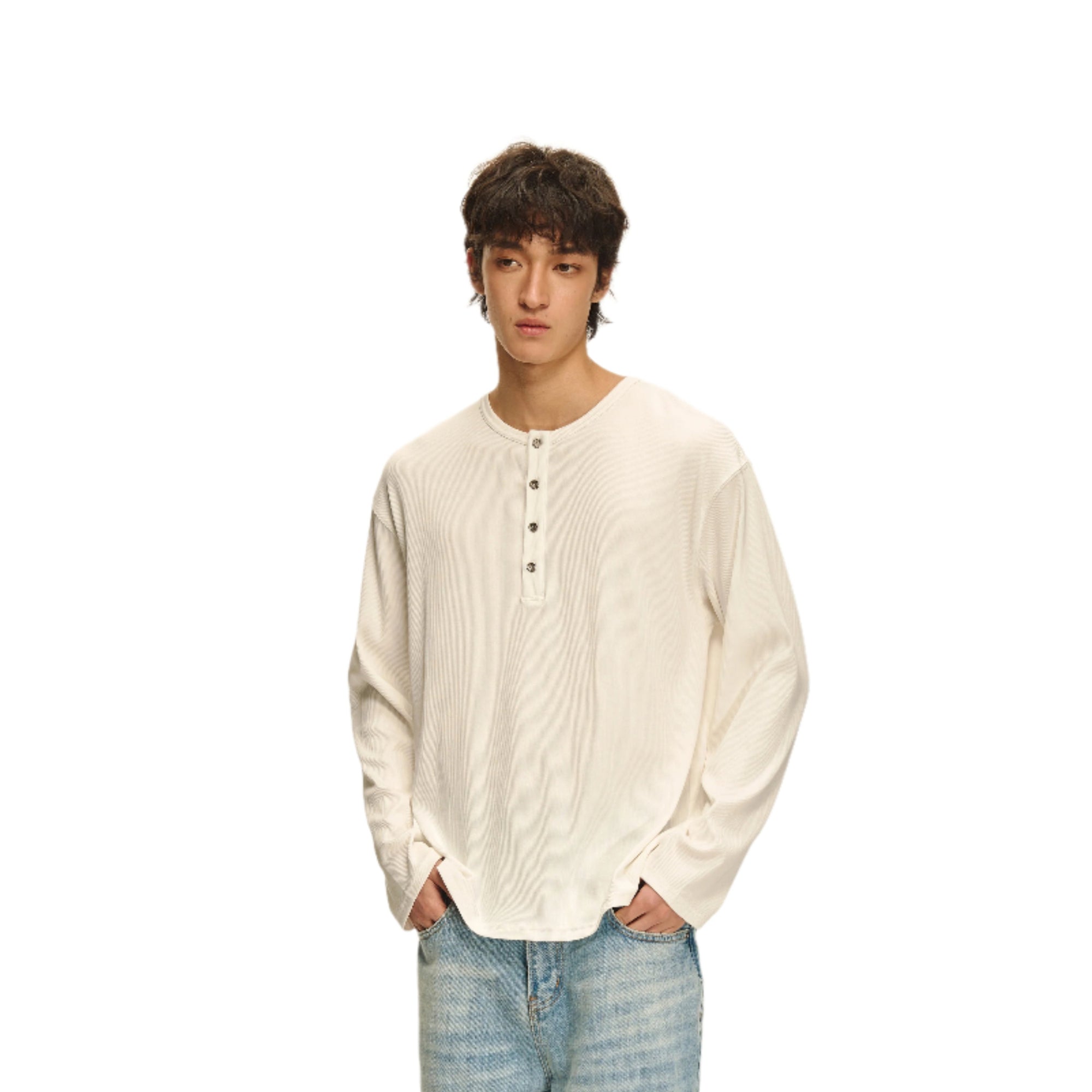 White Henry Collar Drape Basic Long Sleeve Tee