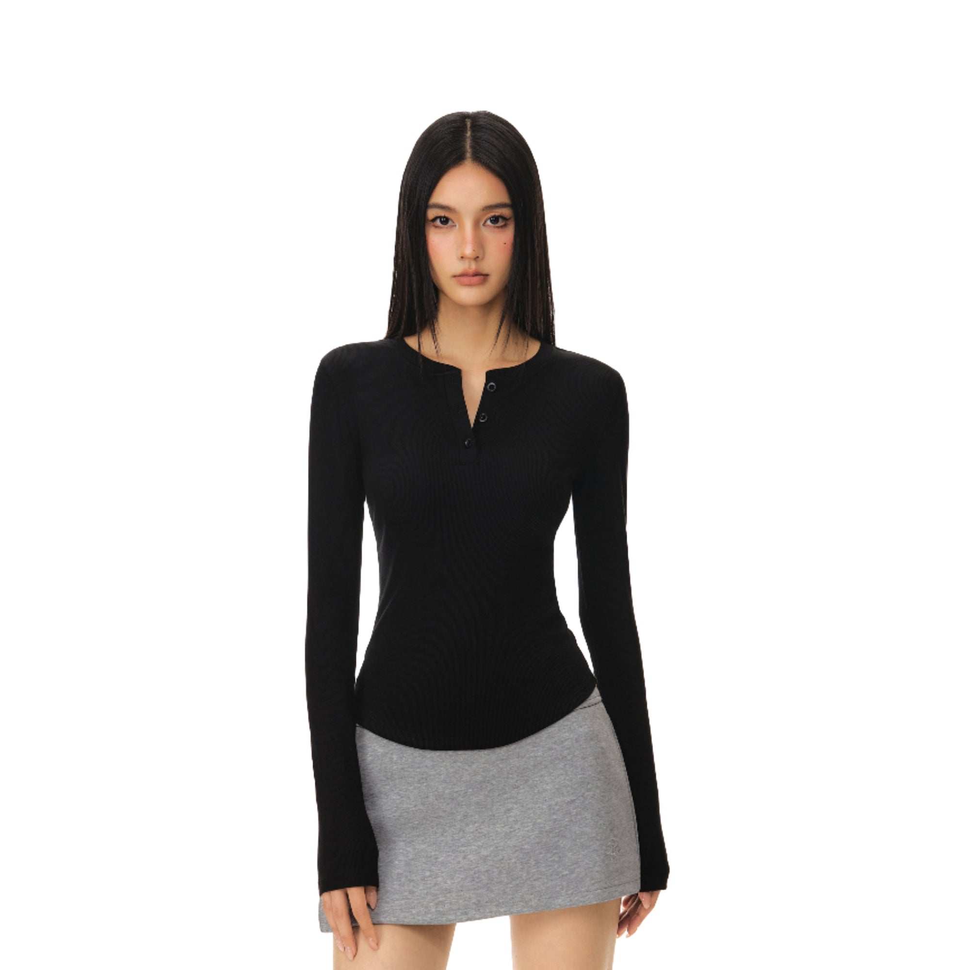 Black Stretch Slim Cut Henley Collar Long Sleeves