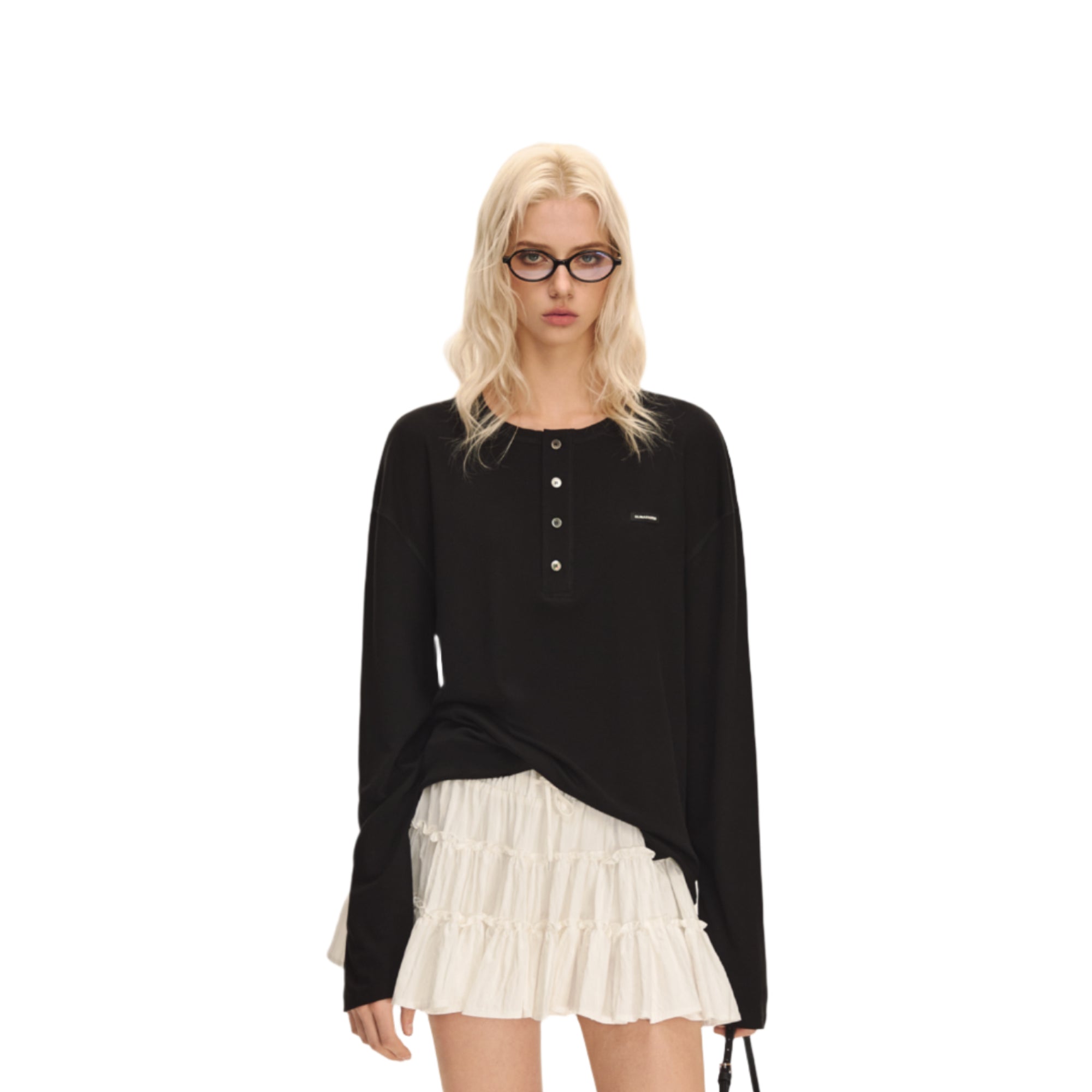 Black Lyocell Stretch Henley Collar Long Sleeves