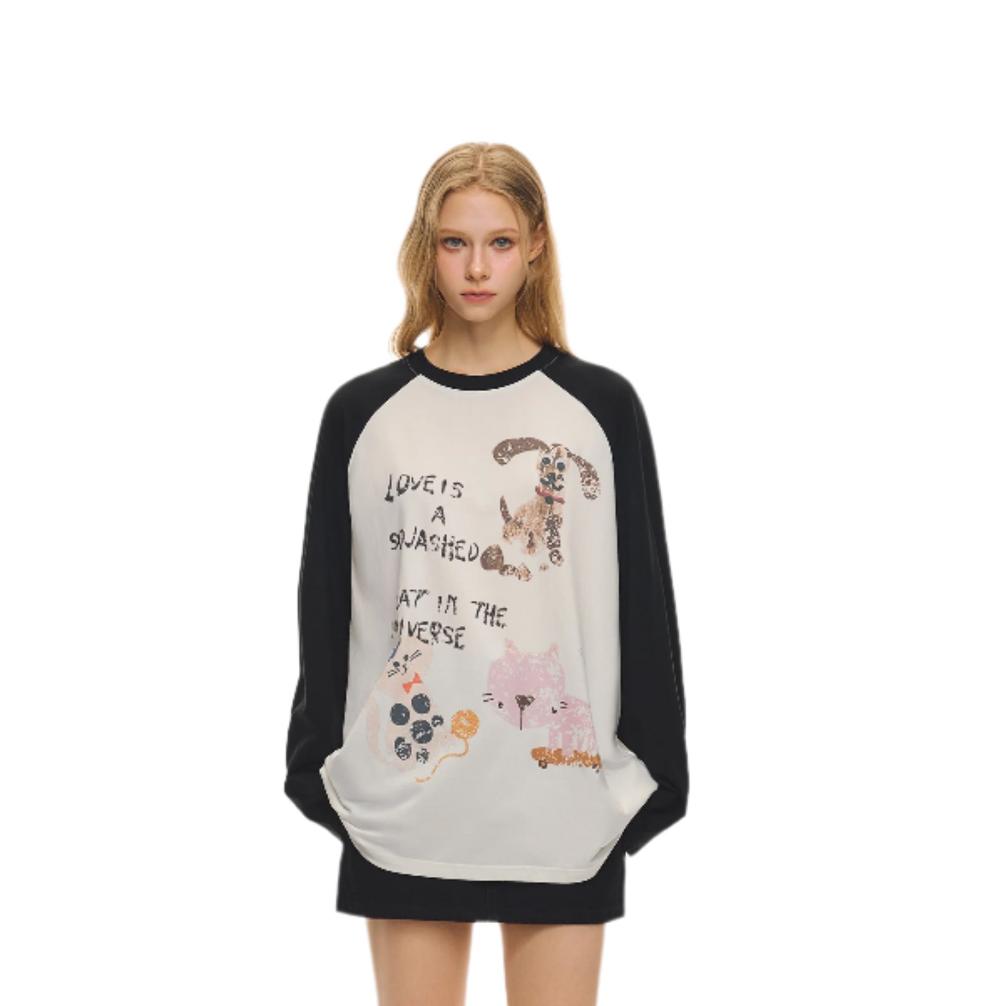 Black Fun Print Contrast Raglan Long Sleeves