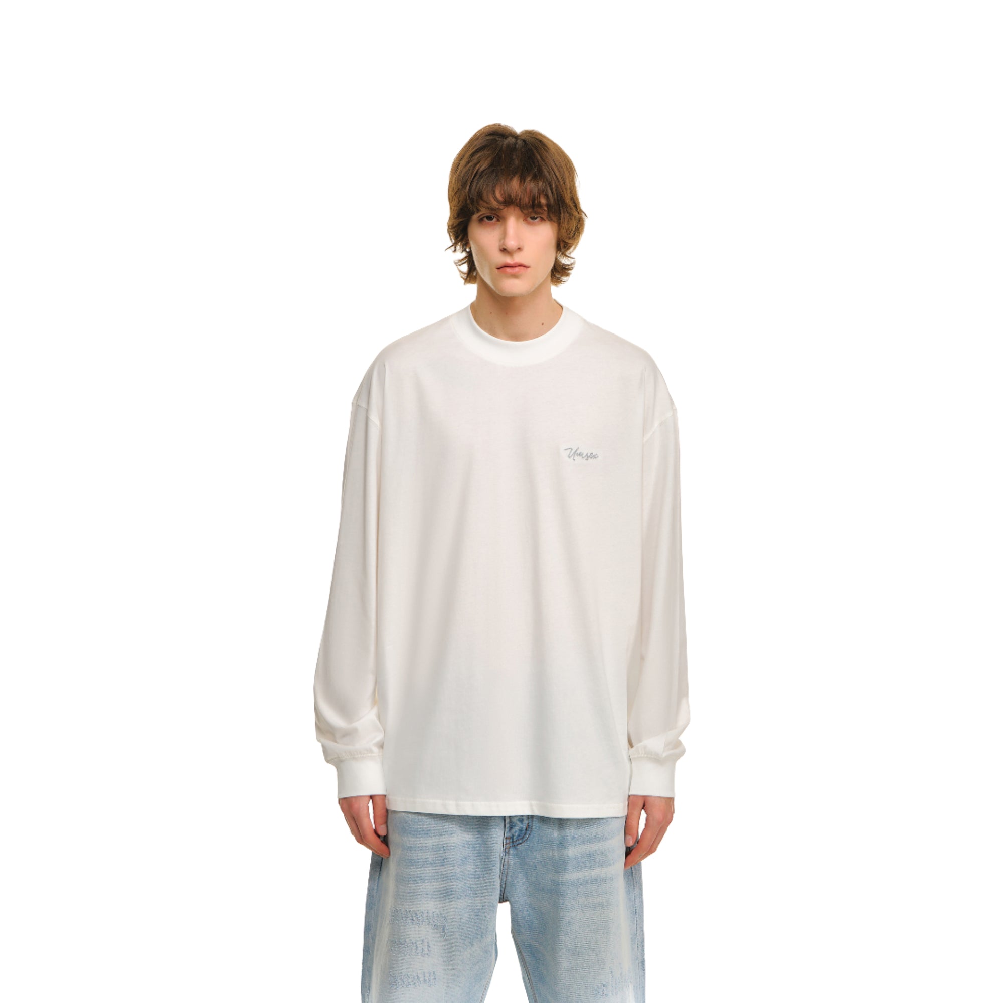 White High Collar Chain Embroidery Long-sleeved T-shirt