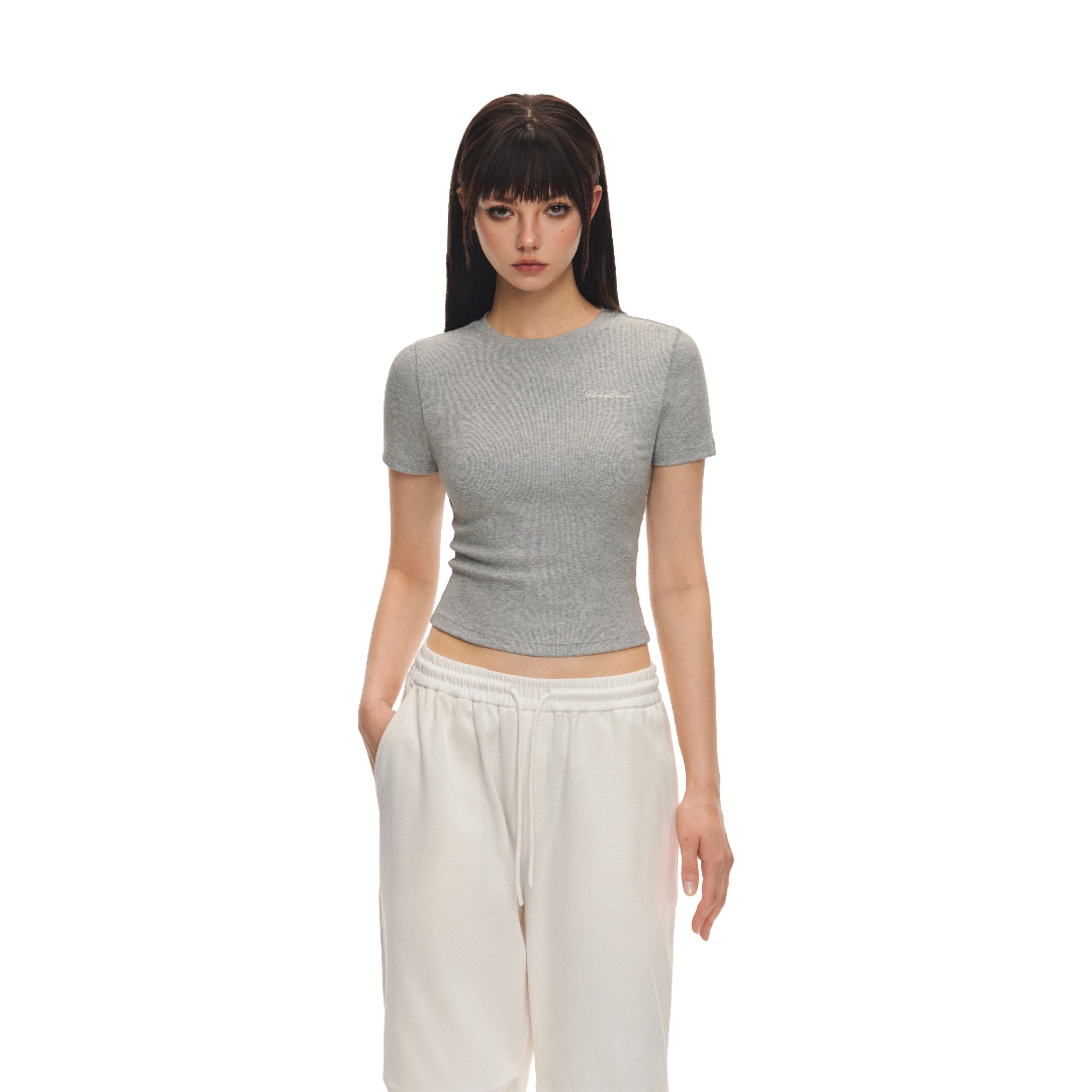 Grey Vertical Stripe Texture Cotton Stretch Short-sleeved T-shirt