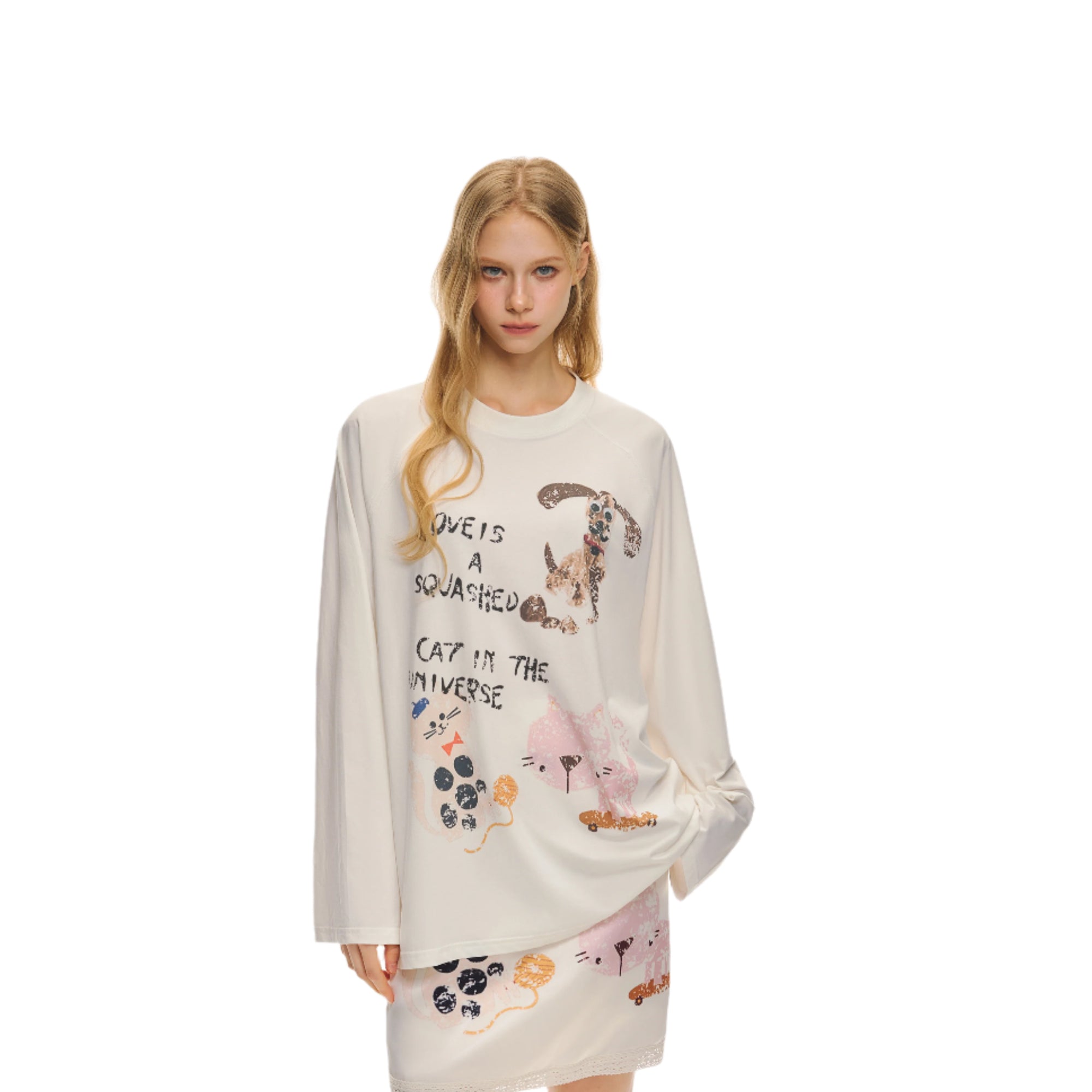 White Fun Print Contrast Shoulder Long Sleeves