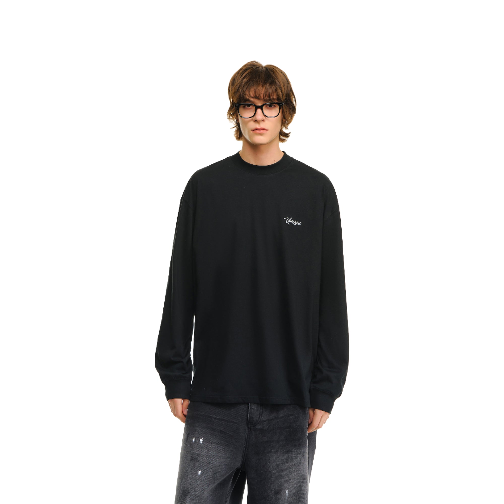 Black High Collar Chain Embroidery Long-sleeved T-shirt