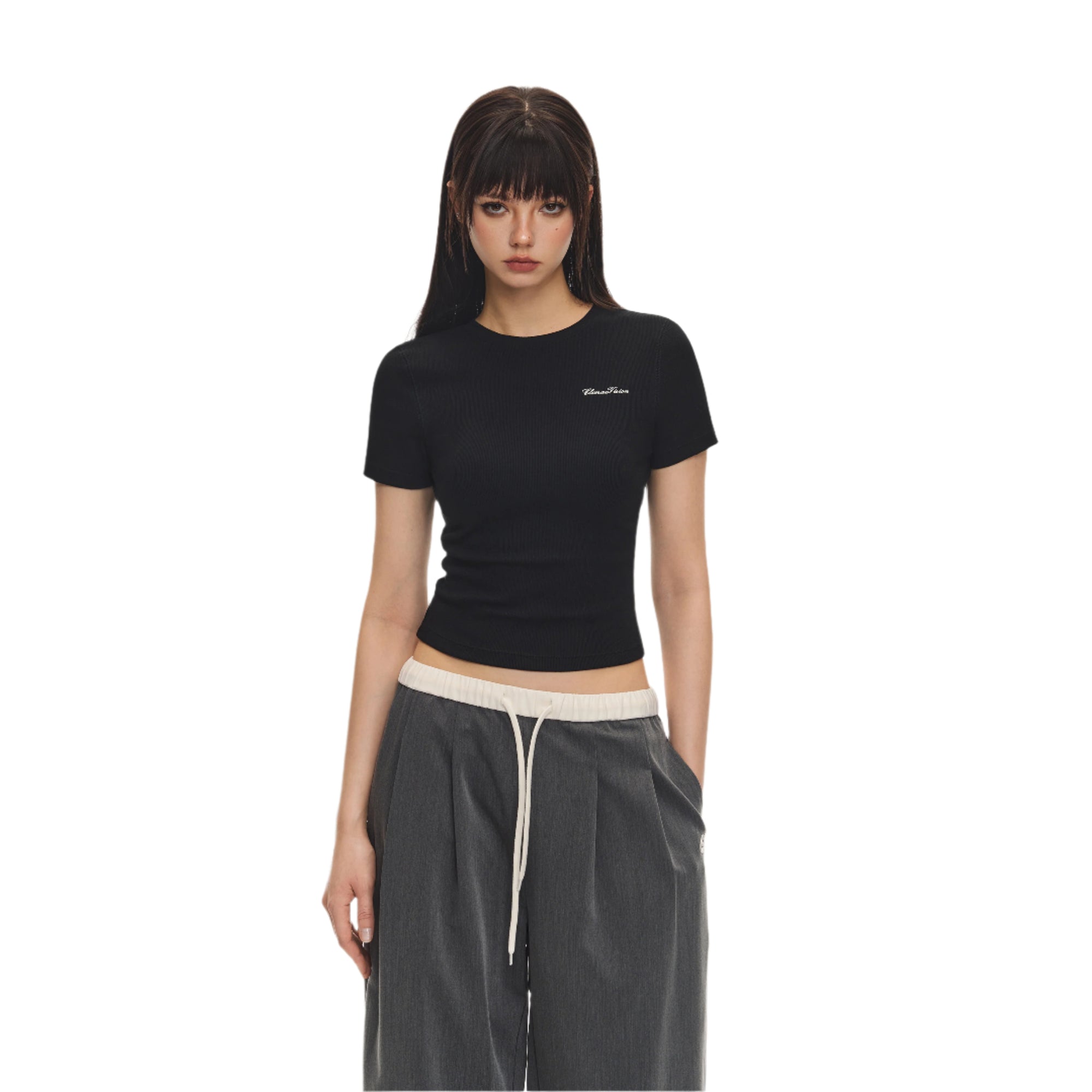 Black Vertical Stripe Texture Cotton Stretch Short-sleeved T-shirt