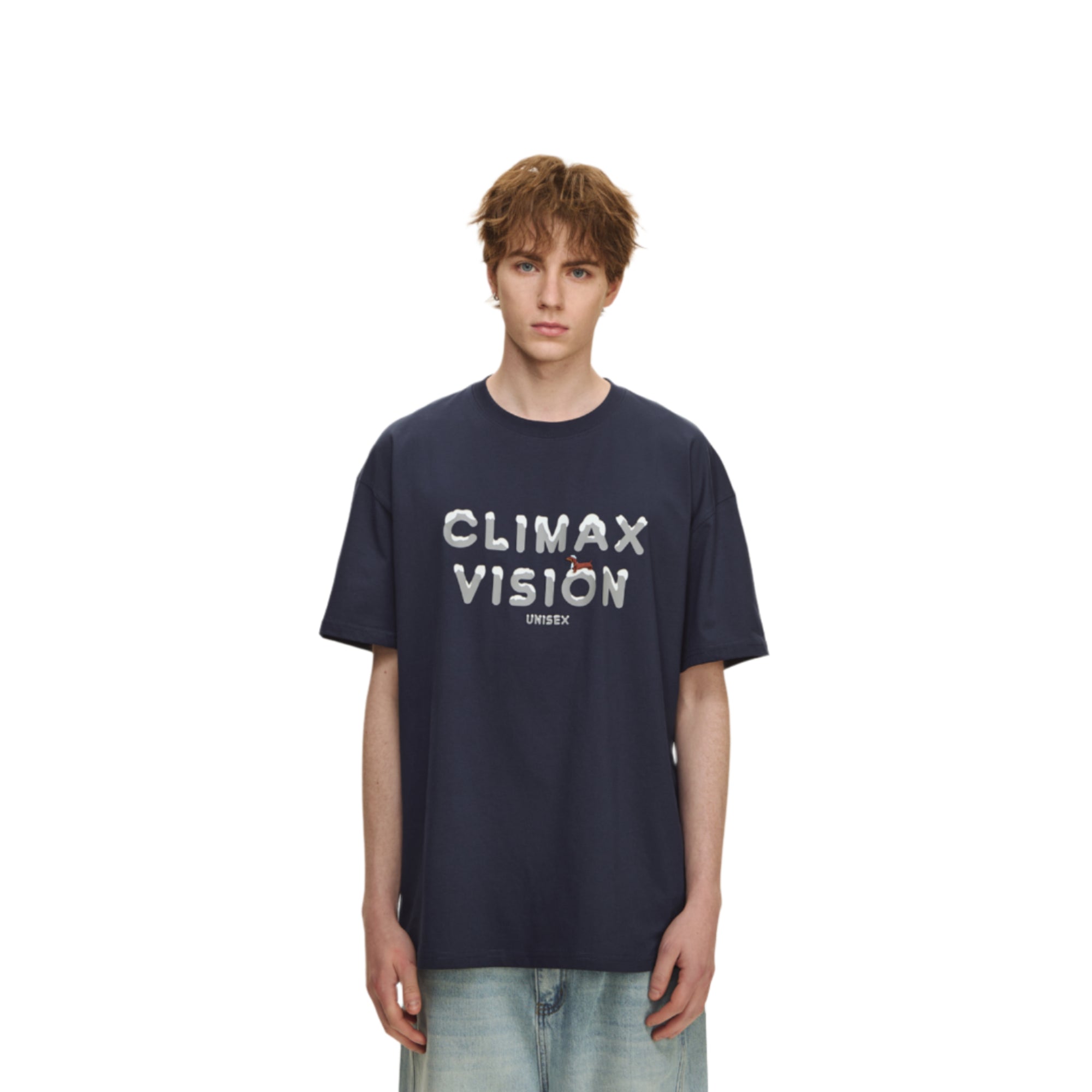 Navy Blue Snow-covered Letter Puppy Embroidered Short Sleeves