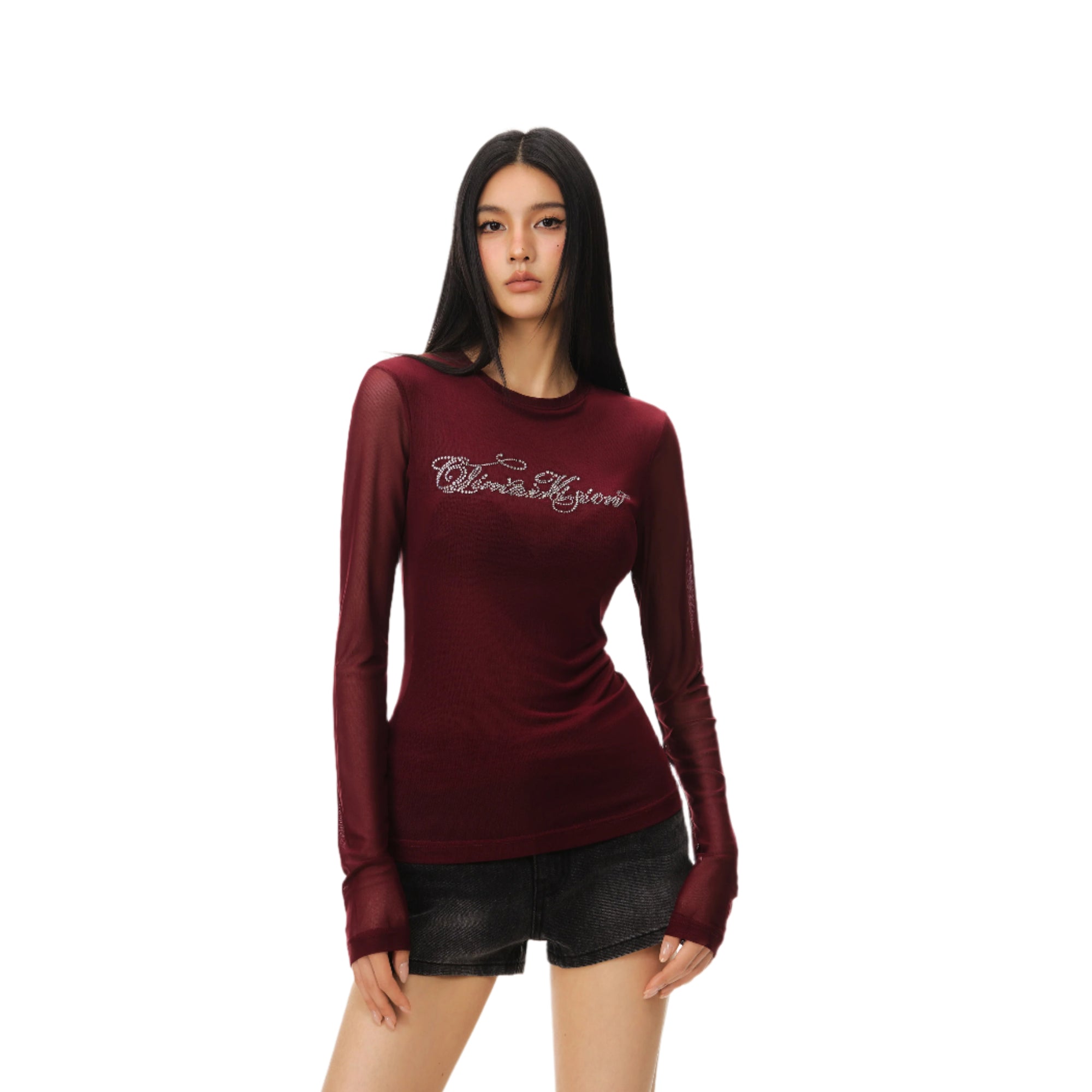 Red Millennial Mesh Elastic Hot Diamond Bottom Long Sleeve