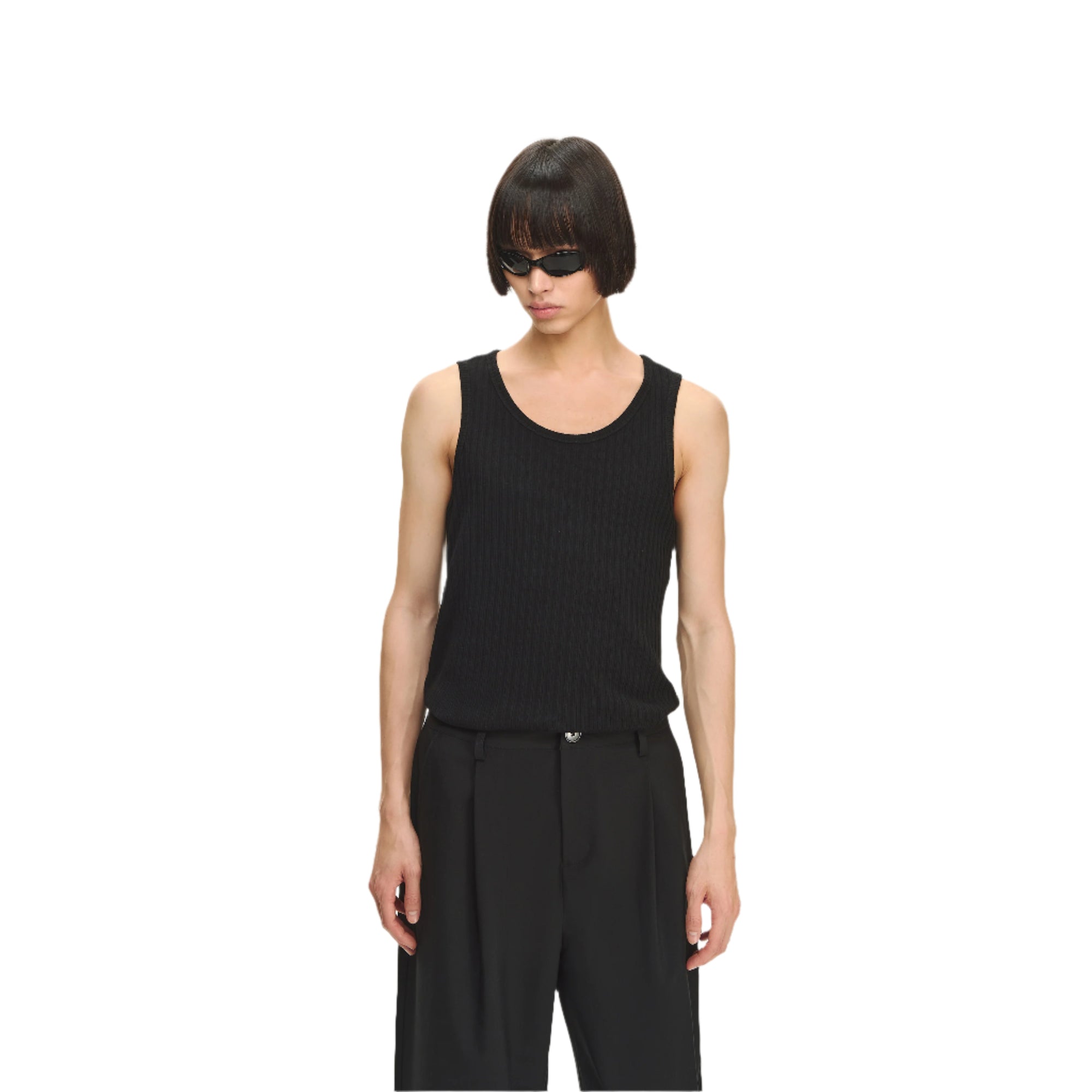 Black Ribbed Texture Blended Stretch Basic Round Neck Vest