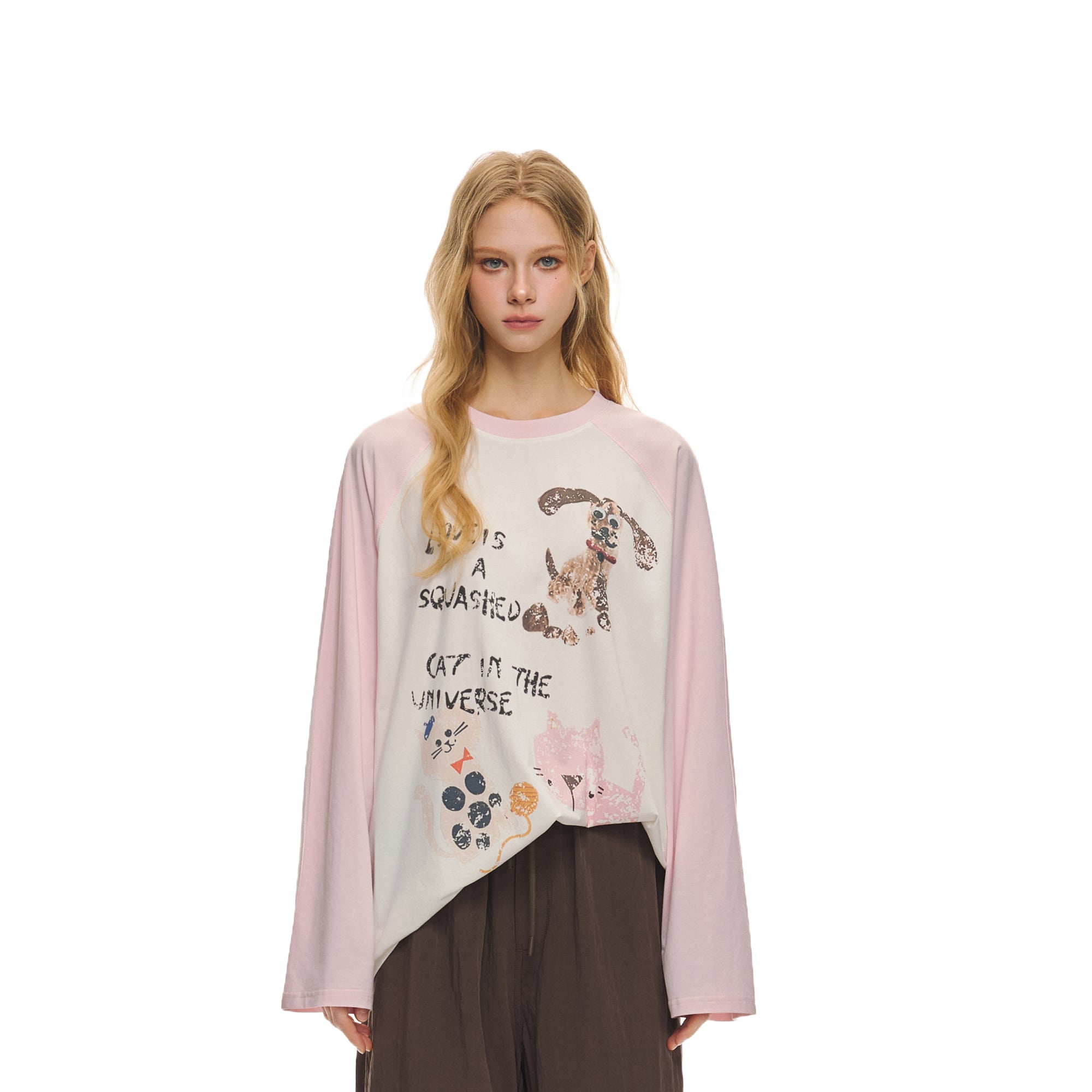 Pink Fun Print Contrast Raglan Long Sleeves