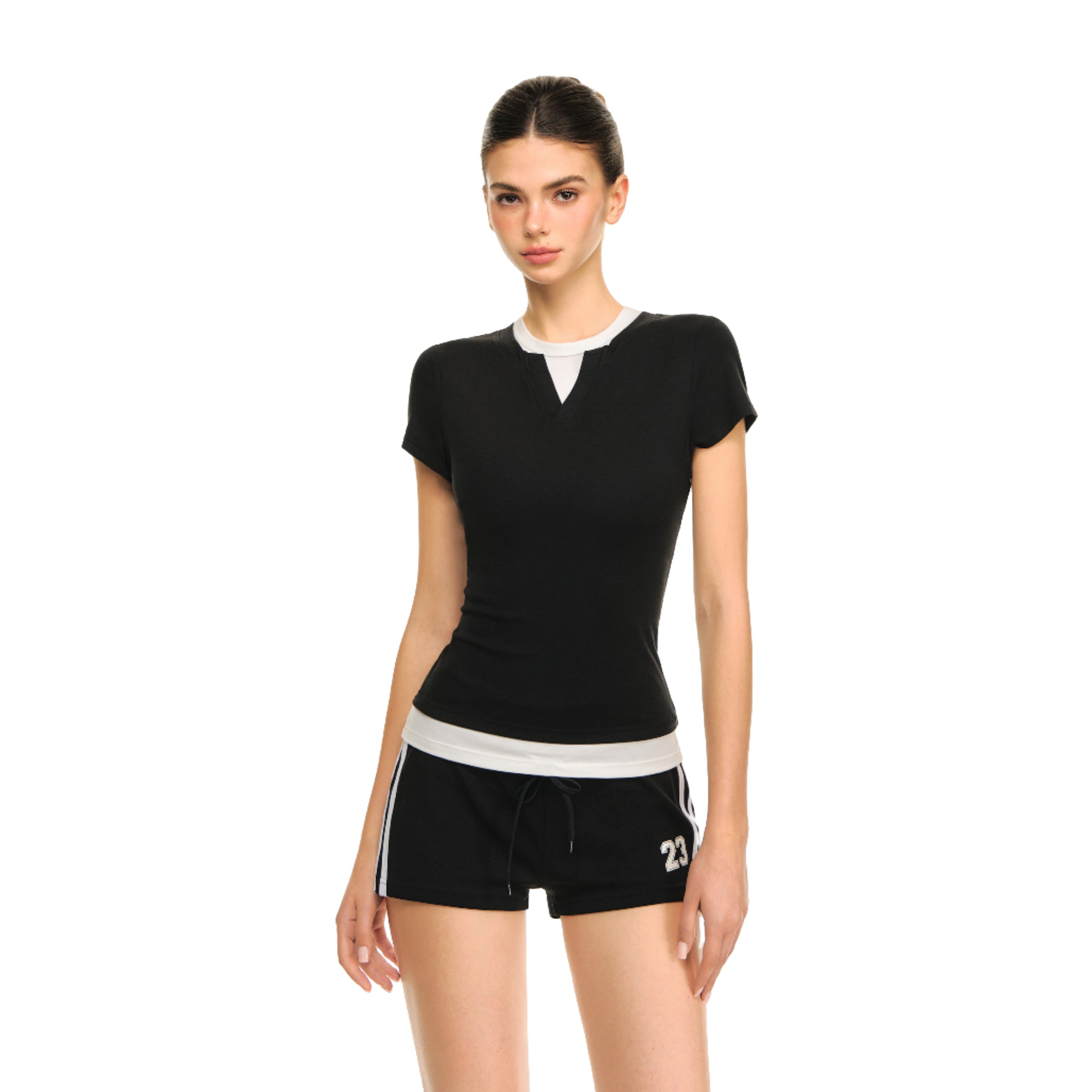 Black Cool Fake Two-piece V-neck Short-sleeved T-shirt
