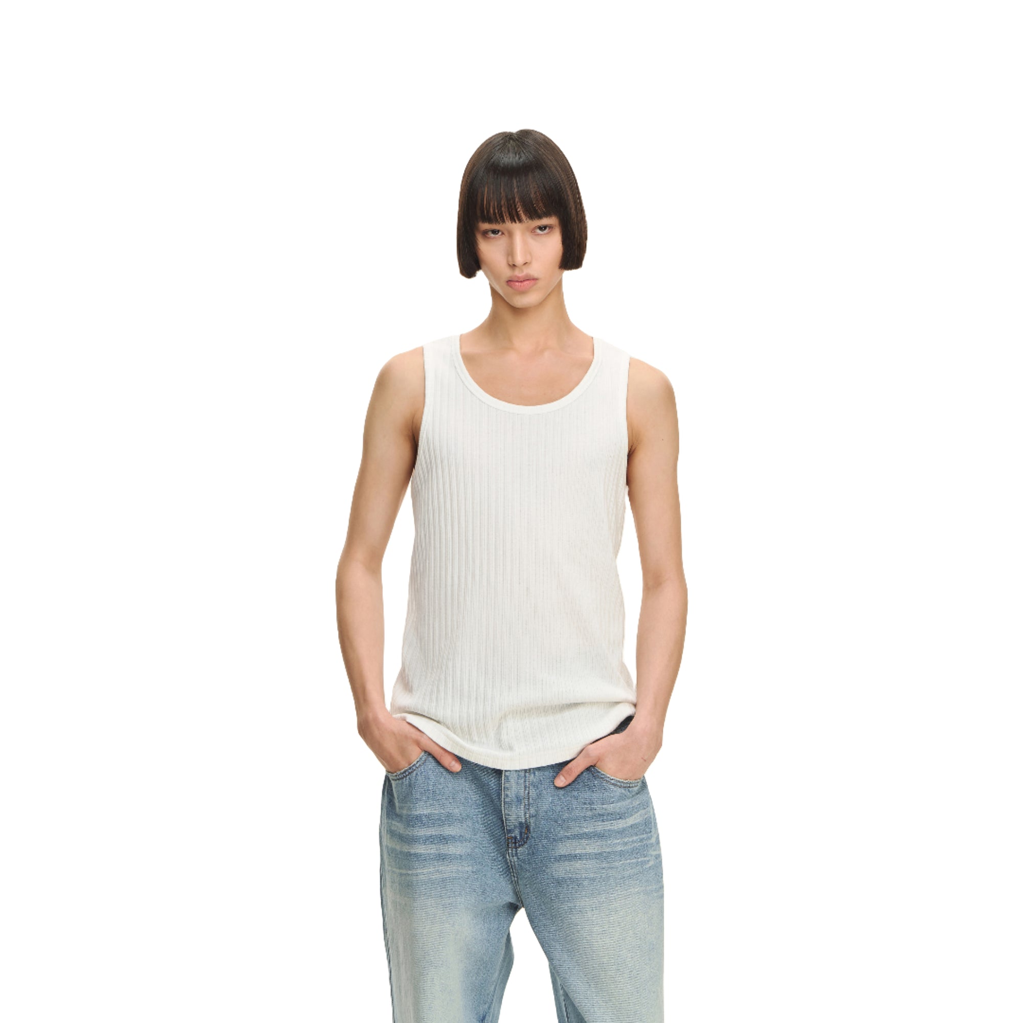 White Ribbed Texture Blended Stretch Basic Round Neck Vest