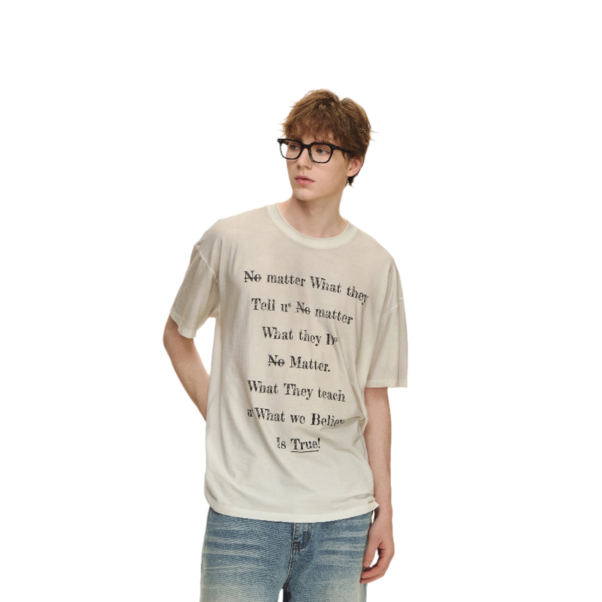 White Strong Twist Cotton Distressed Slogan Short Sleeves