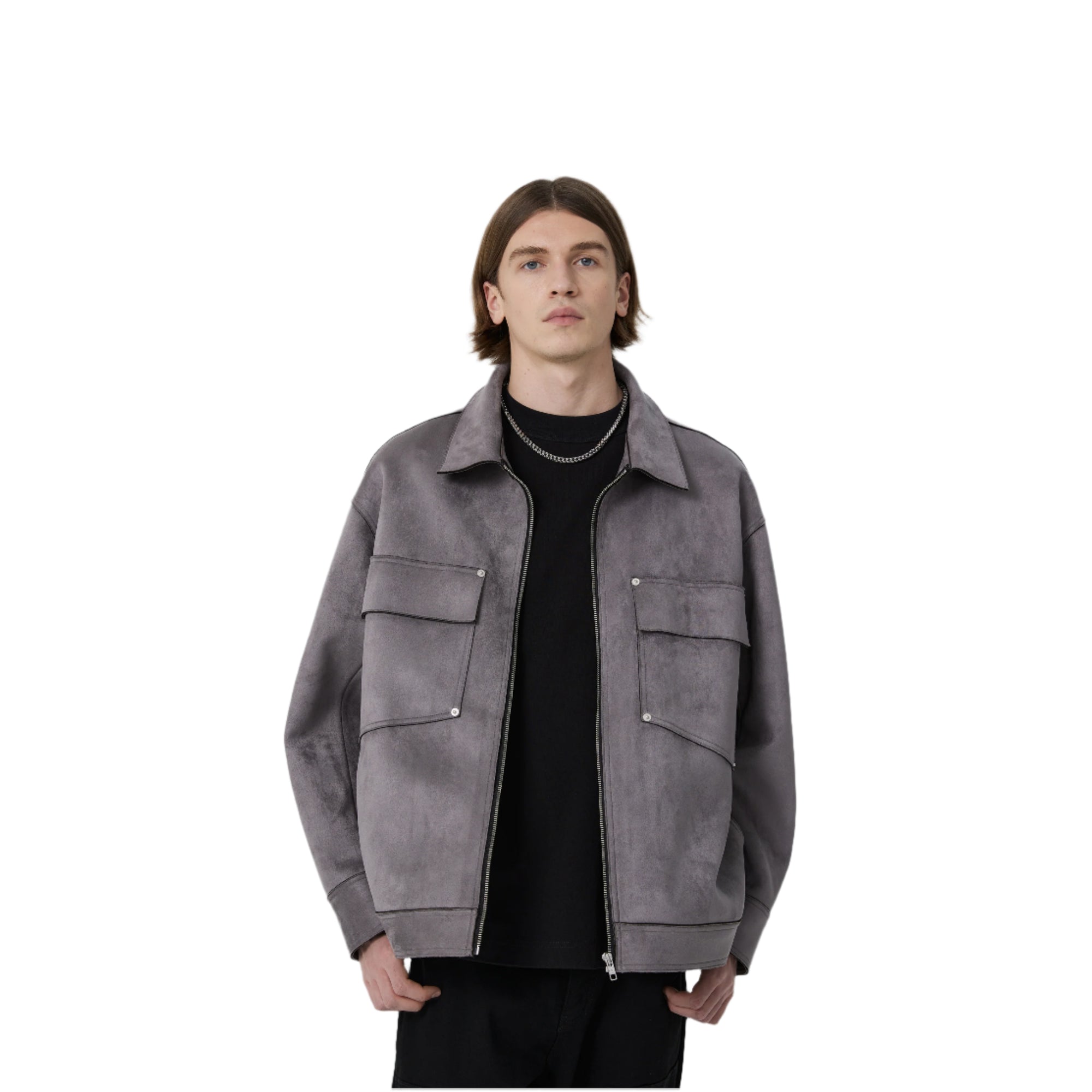 Grey Suede Jacket with Slanted Pockets