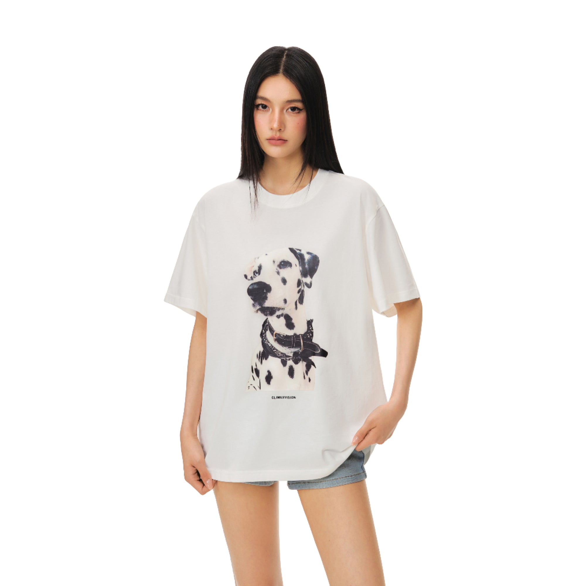 White Dalmatian Print Lightweight Crew Neck Fitted Short Sleeve T-Shirt