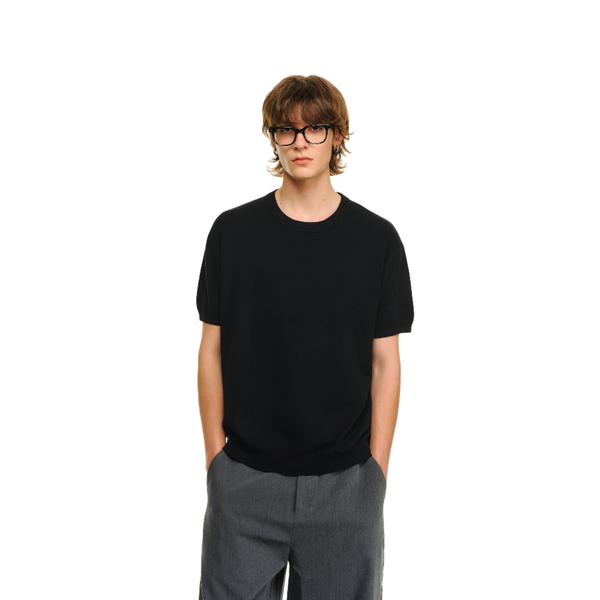 Black 80s Worsted Wool Blend Knitted Short Sleeves