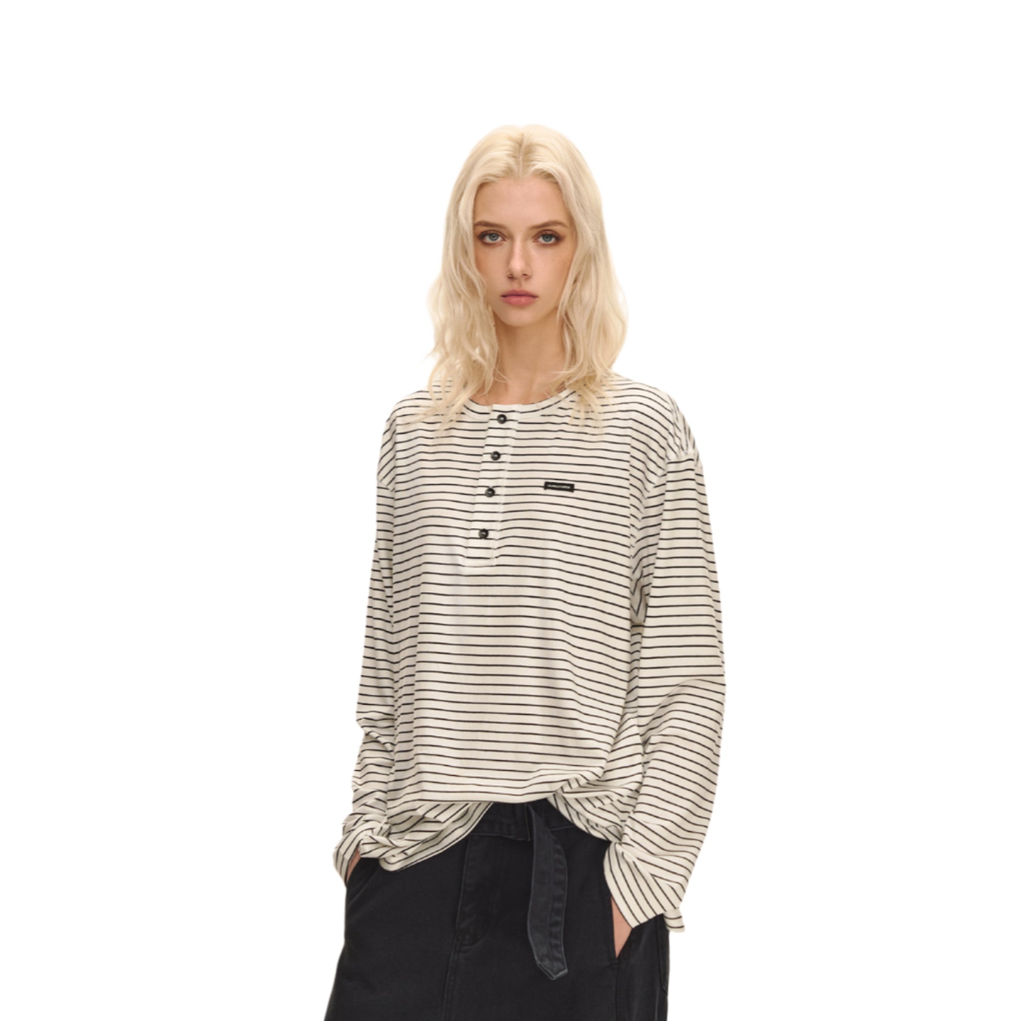 Black and white striped lyocell stretch henley collar long sleeves