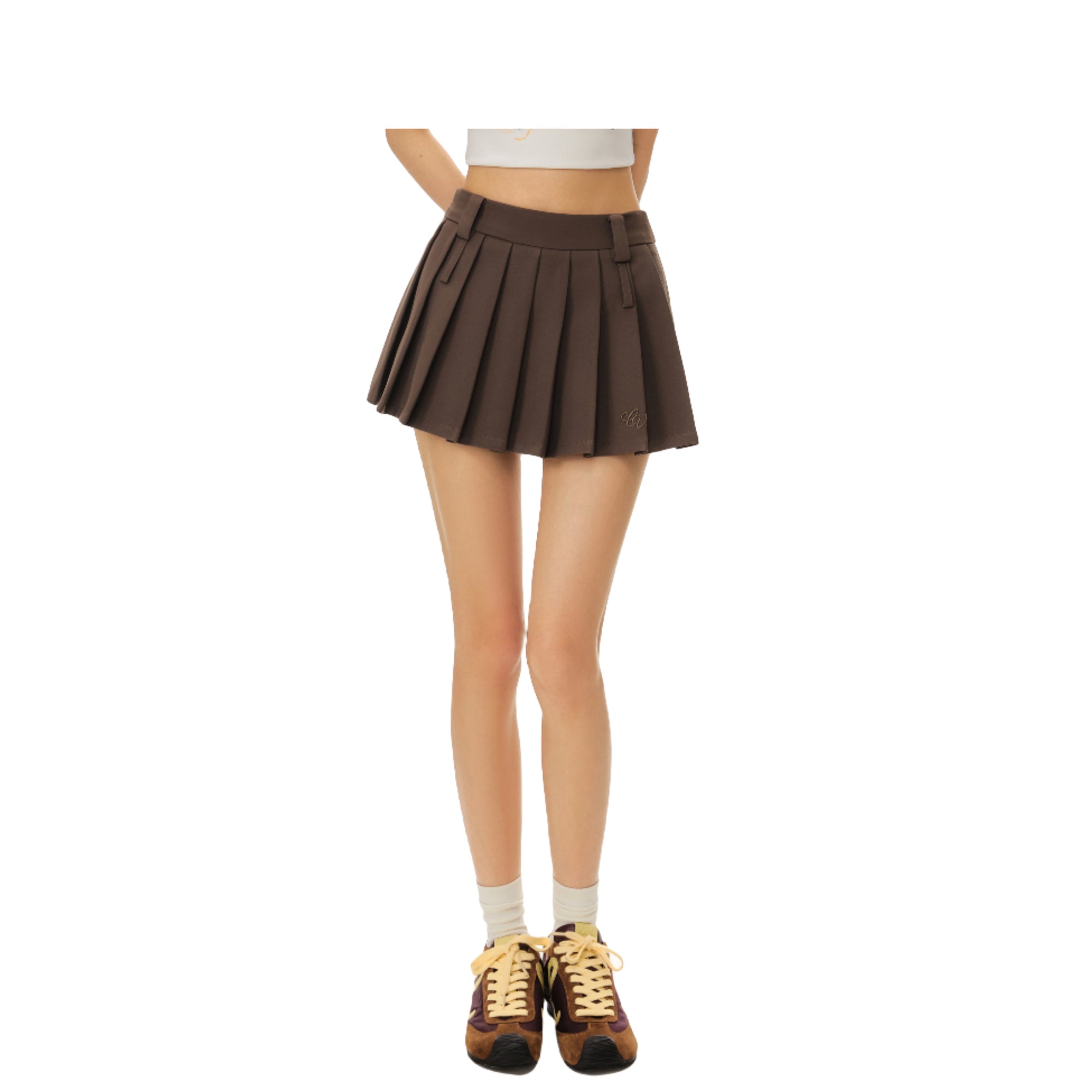 Brown CV Embroidered Double Waistband Pleated Skirt