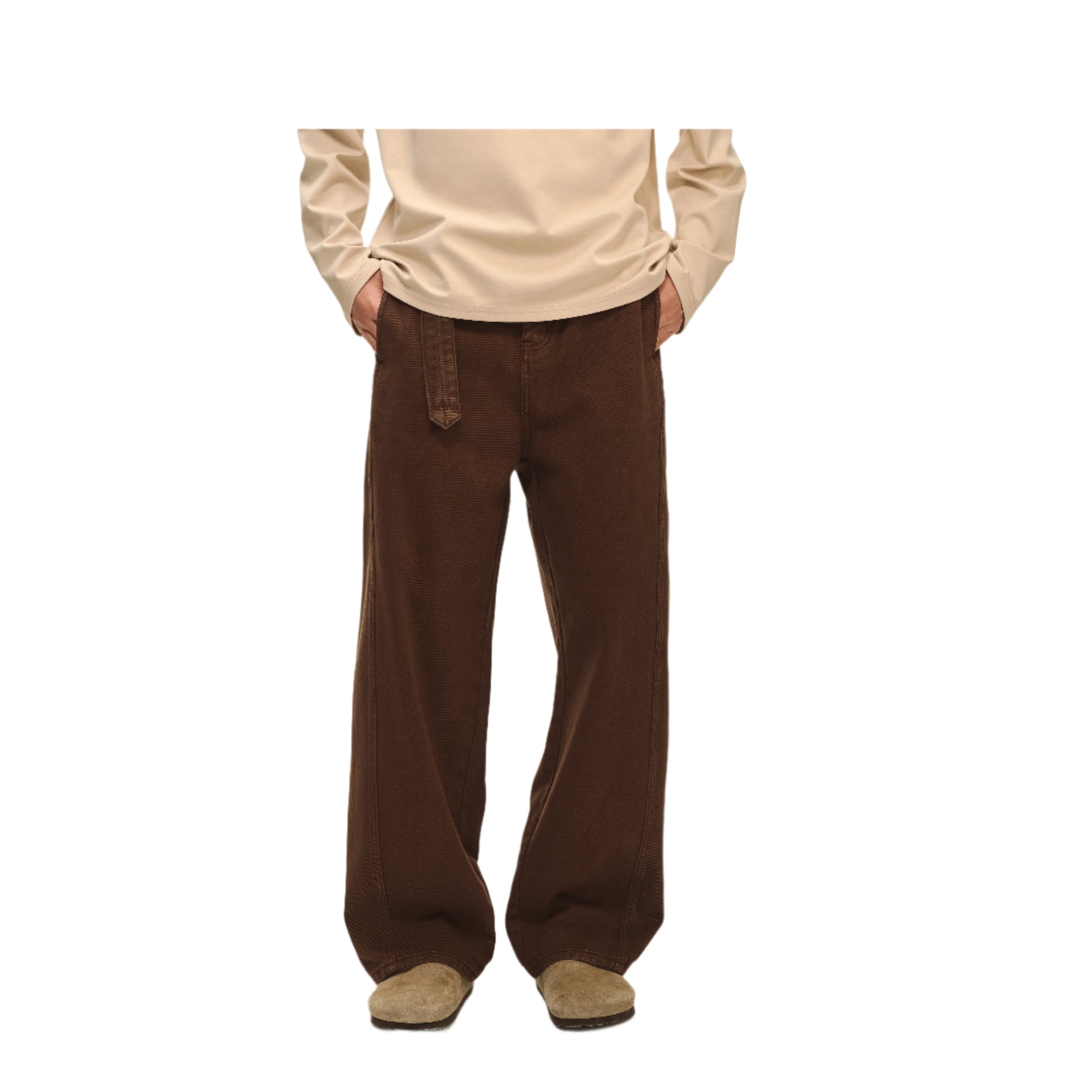 Brown Adjustable Belt Dyed Distressed Jeans