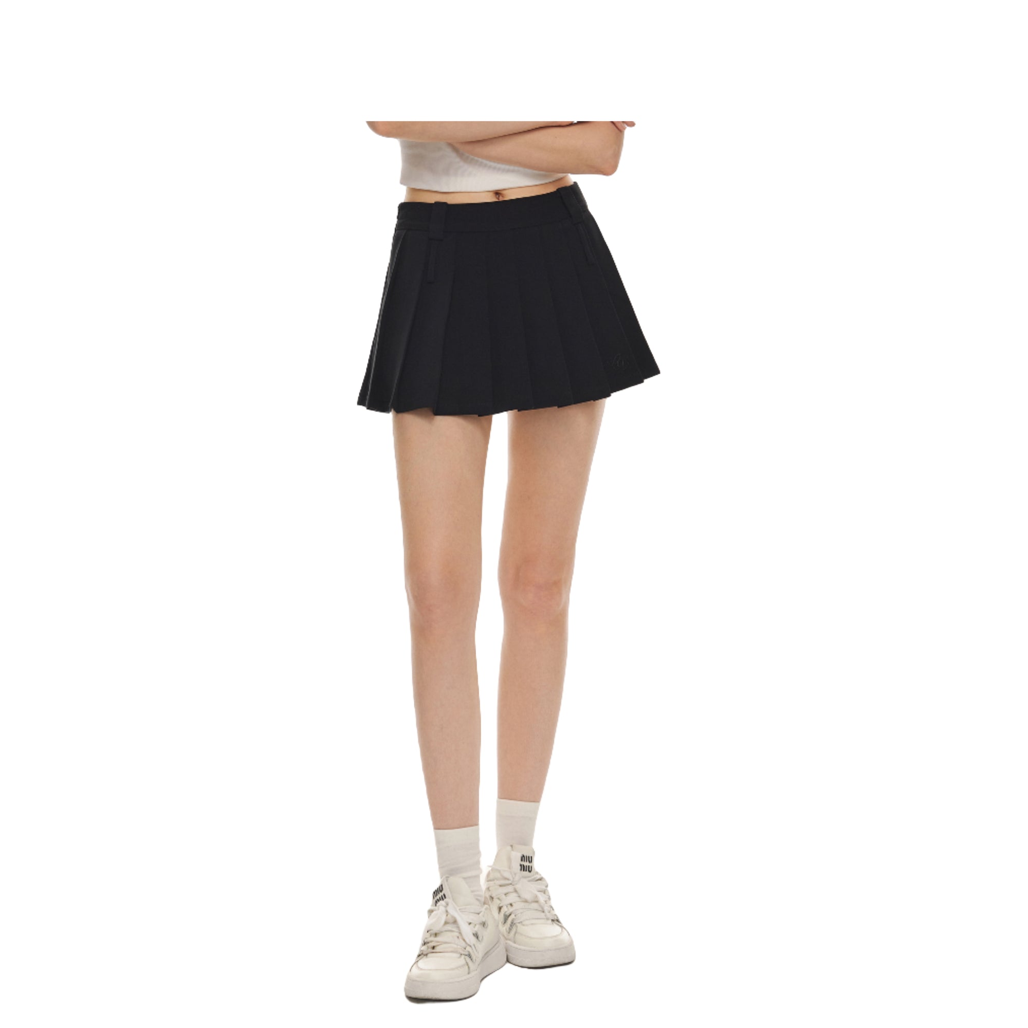 Black CV Embroidered Double Waistband Pleated Skirt