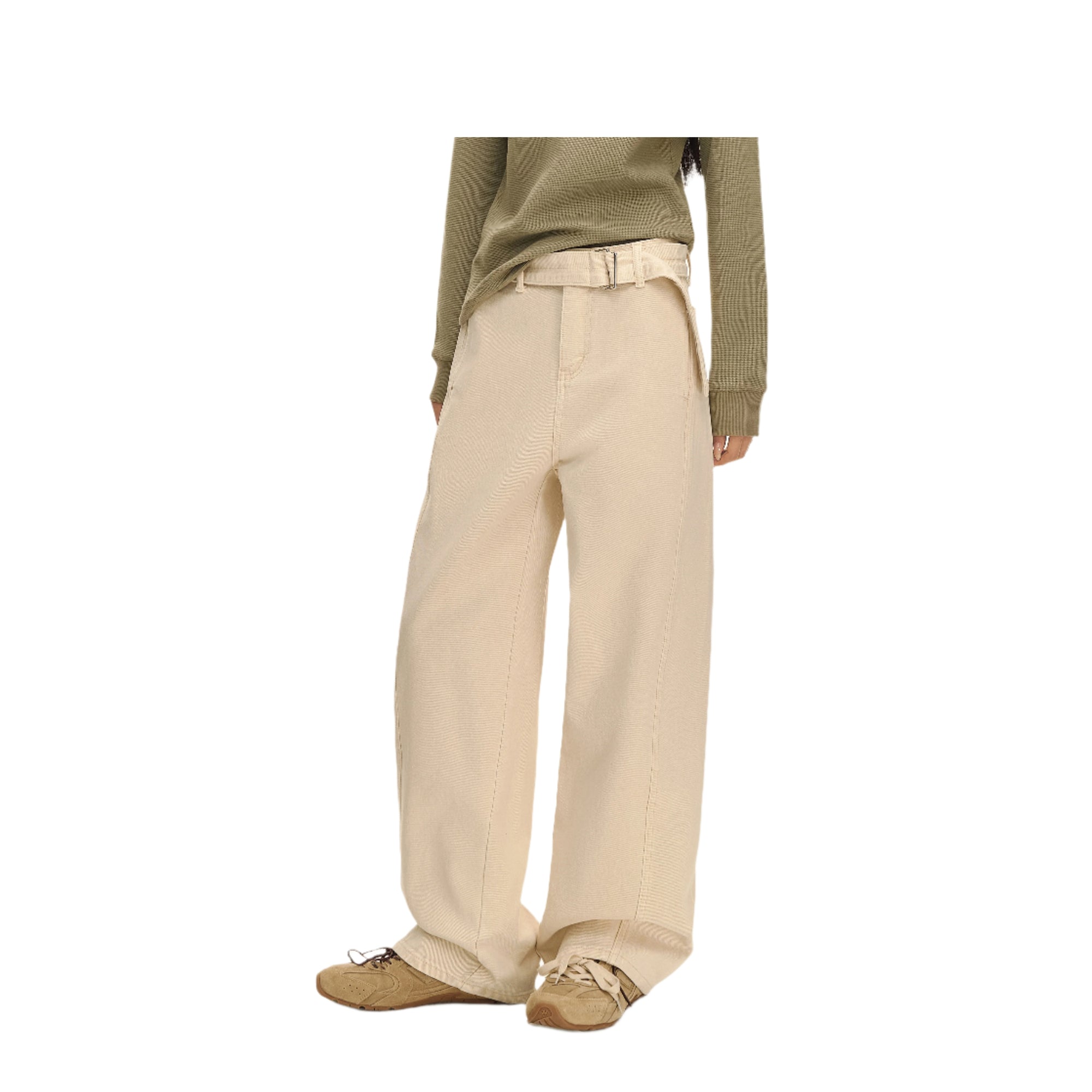 Cream Apricot Adjustable Waistband Dyed Distressed Jeans