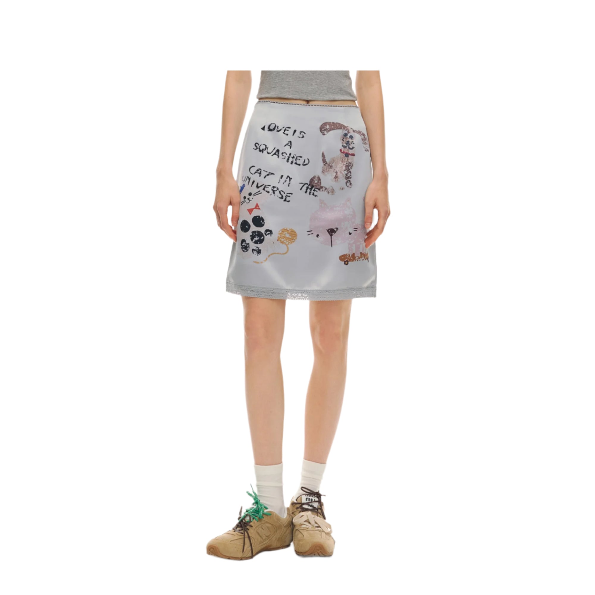 Light Grey Graffiti Satin Skirt