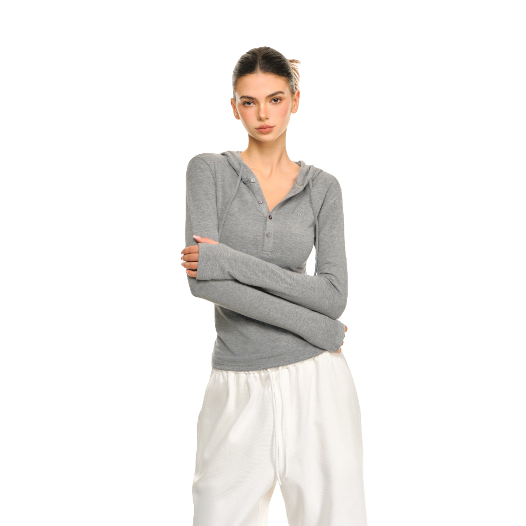 Grey Hooded Henley Collar Stretch Knitted Slim Fit Long Sleeves