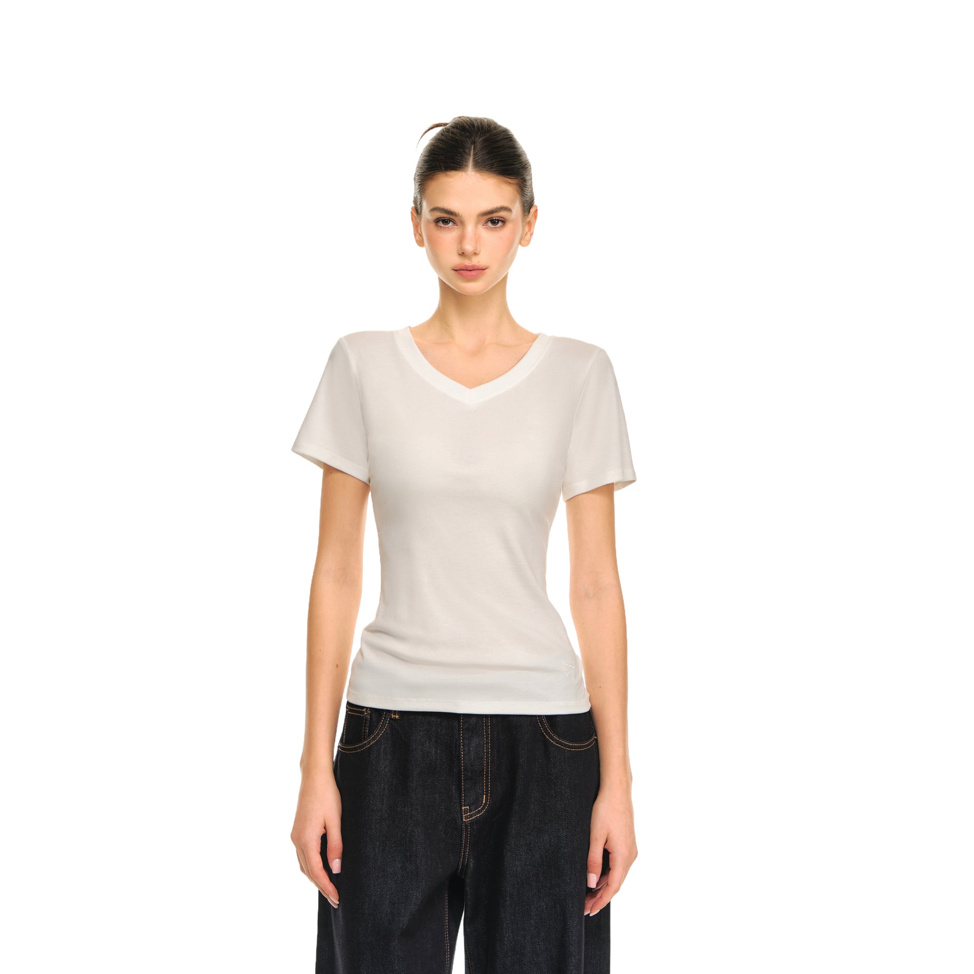 White Skin-friendly Lyocell V-neck Simple Short T